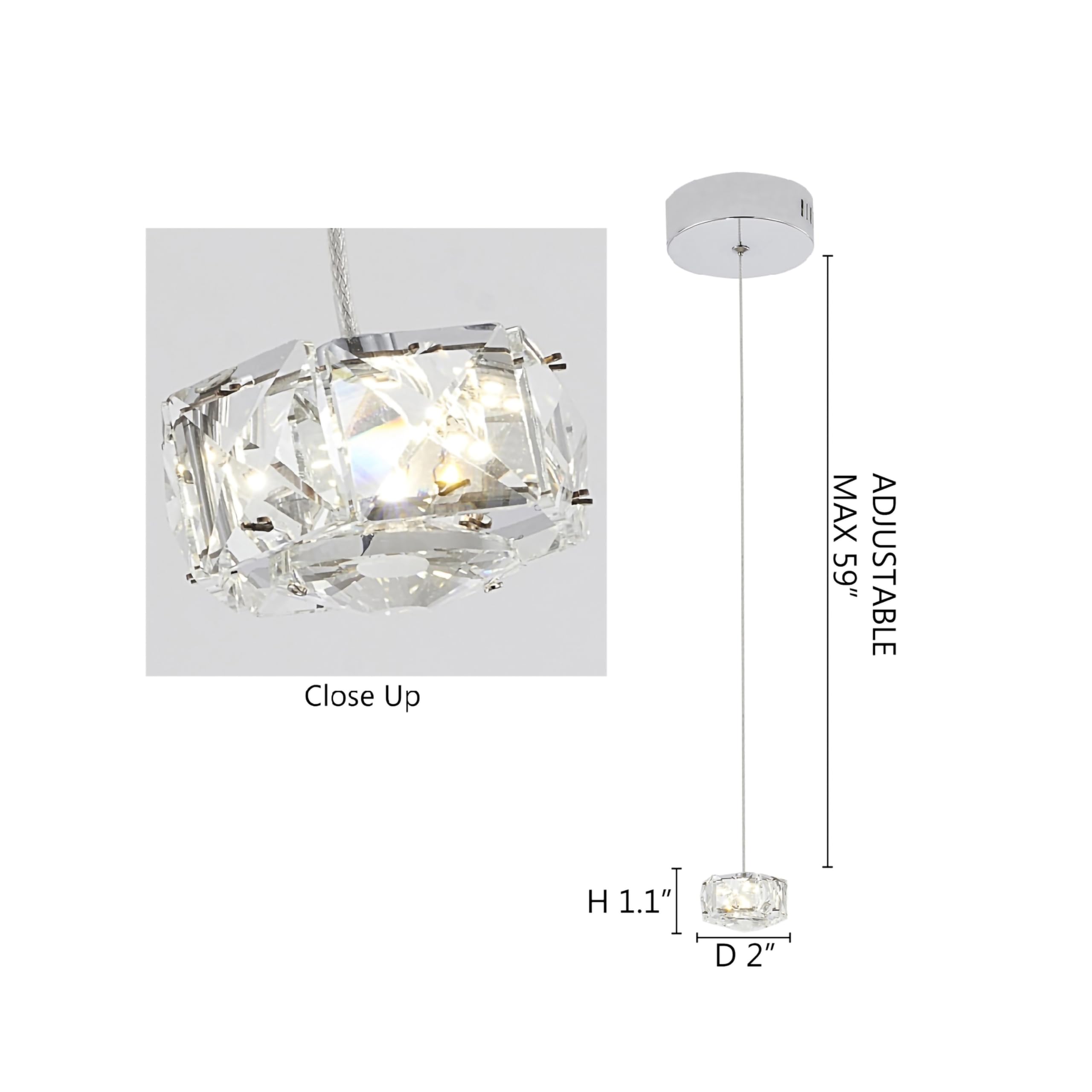 LED Crystal Mini Pendant Light with Chrome Stainless Steel Frame - Elegant Ceiling Lighting for Kitchen Island, Dining Room & Bedroom Decor