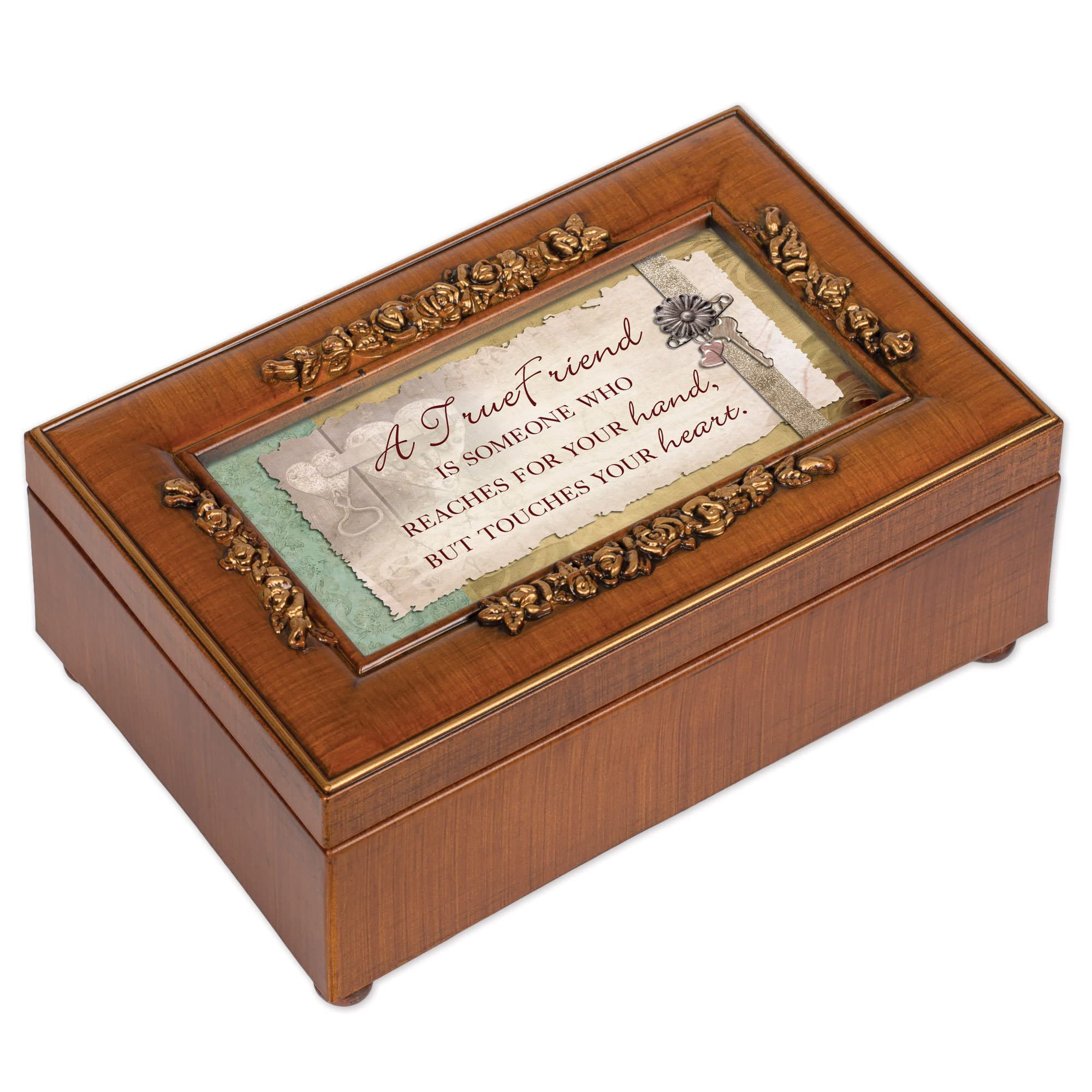 Vintage Cottage Garden Music Box - Walnut Finish with Brushed Gold Rose Trim, Plays 'What a Friend We Have in Jesus' - Perfect for Home Décor, Wedding Favors & Gift Giving