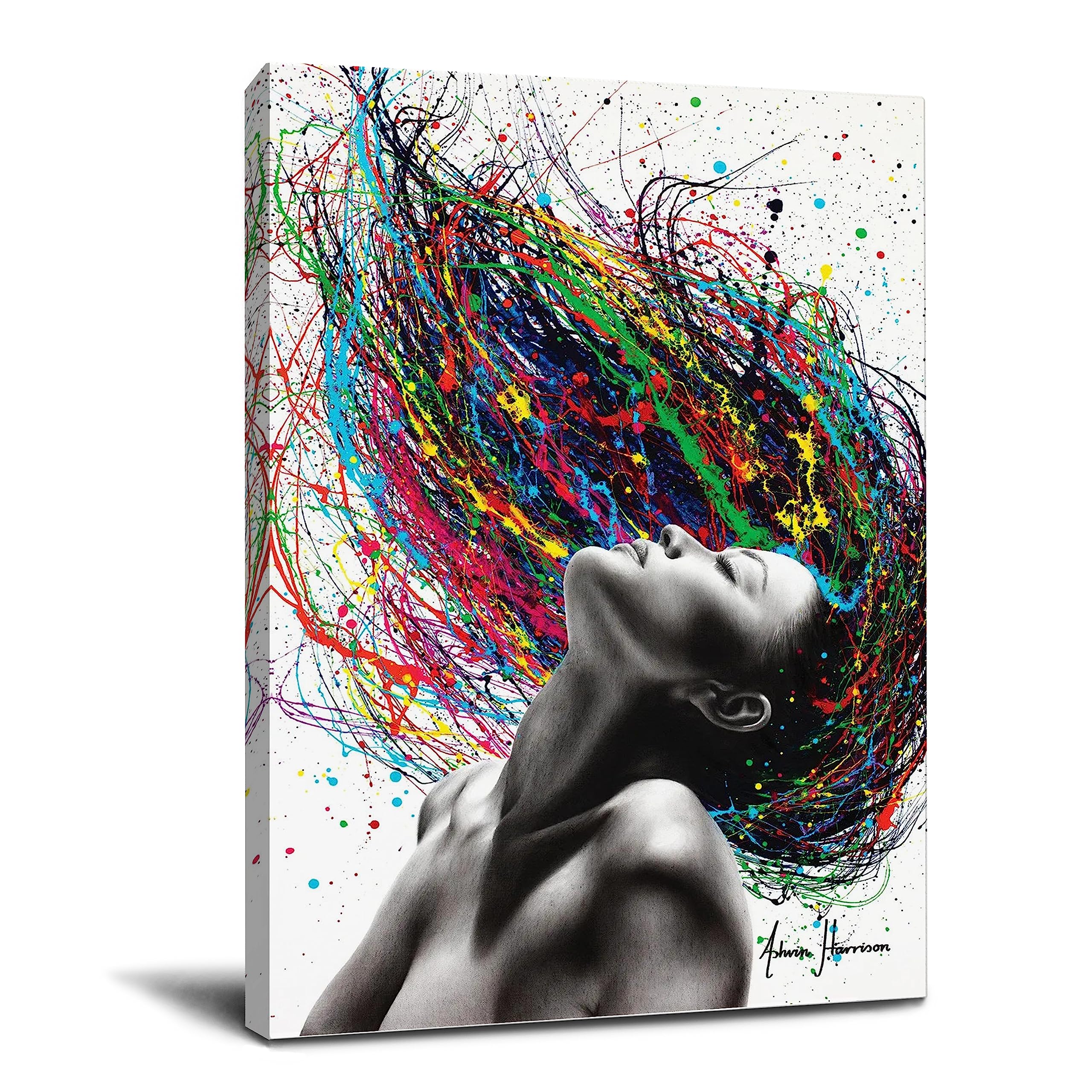 African American Girl Colorful Hairstyle Canvas Print - 16x20 Inch Framed Wall Art Decor for Living Room & Bedroom - Abstract Women Body Art, Ready to Hang - Perfect for Salon, Dance Studio & Home Decor