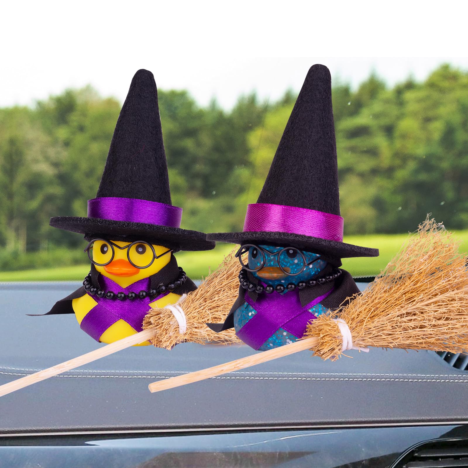 Funny Car Rubber Duck Ornament with Mini Witch Hat, Sunglasses & Necklace - Cute Dashboard Decor for Winter & Halloween - Perfect Gift for Car Lovers & Duck Collectors (Great for Office Desk, Party Favors & Themed Events)