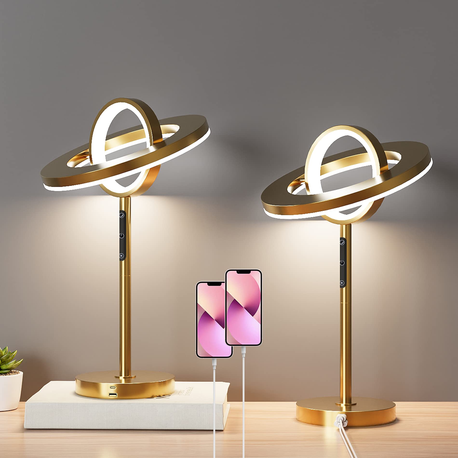 WAMPAT 2-Pack Table Lamps with USB A+C Charging Ports, Touch Control Dimmable LED Nightstand Lights with Stepless Brightness & CCT Adjustment, Rotating Planet Design for Bedroom, Living Room, Office - Gold (Perfect for Reading, Relaxing & Creating Ambient Lighting)
