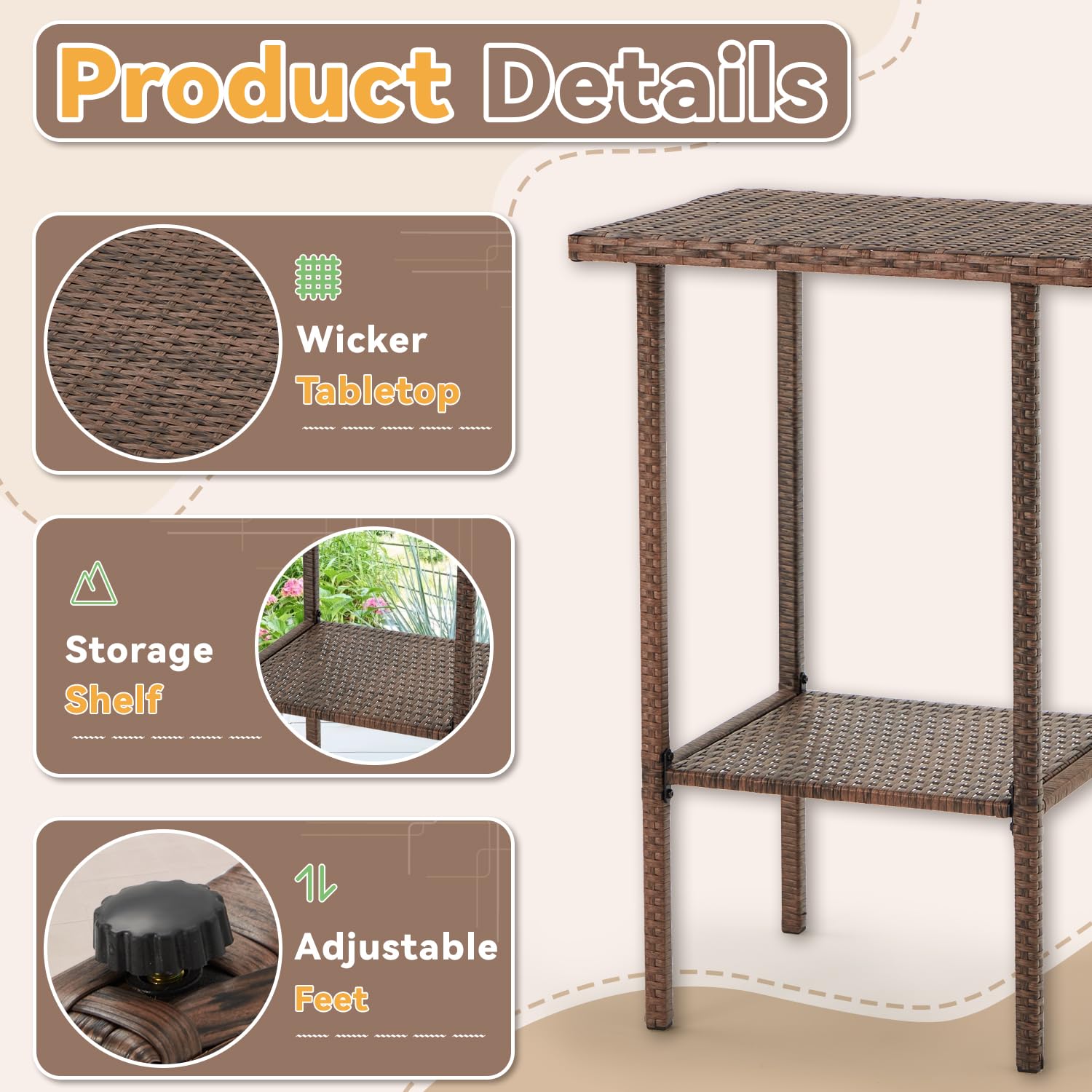 ECOTOUGE 3-Piece Outdoor Bar Set - Rattan Bar Table with 2 Wicker Bar Stools, Patio Furniture Set with Removable Cushions for Backyard, Garden, Deck, Balcony, Porch (Brown/Gray) - Perfect for Entertaining Guests or Relaxing Outdoors
