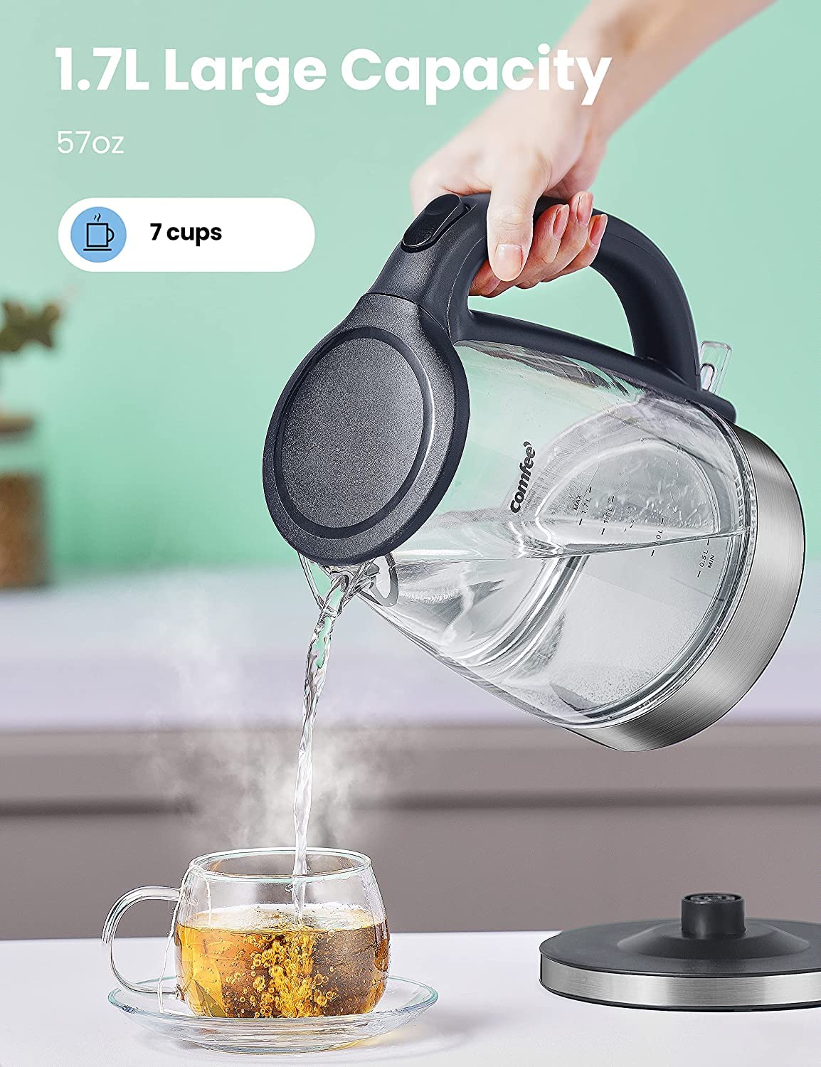 COMFEE' 8-Cup (4-Cup Uncooked) Stainless Steel 6-in-1 Multi Rice Cooker with Slow Cooker, Steamer & 1.7L Glass Electric Tea Kettle Bundle - Perfect for Small Kitchens, Dorms & Office Use