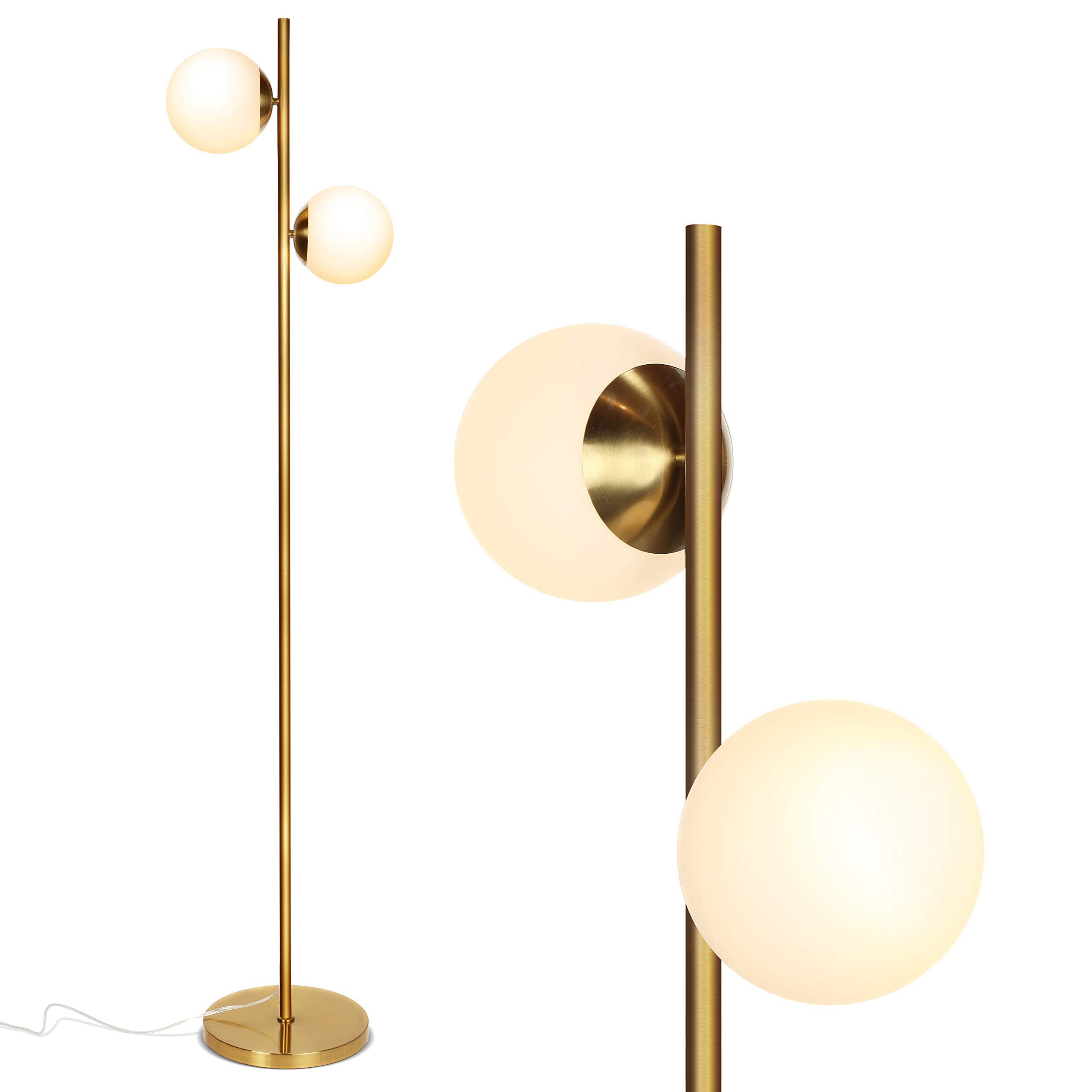 Brightech Sphere LED Floor Lamp - Mid-Century Modern 2 Globe Standing Light for Living Room, Bedroom & Office - Gold/Antique Brass - Perfect for Reading, Working & Contemporary Home Decor