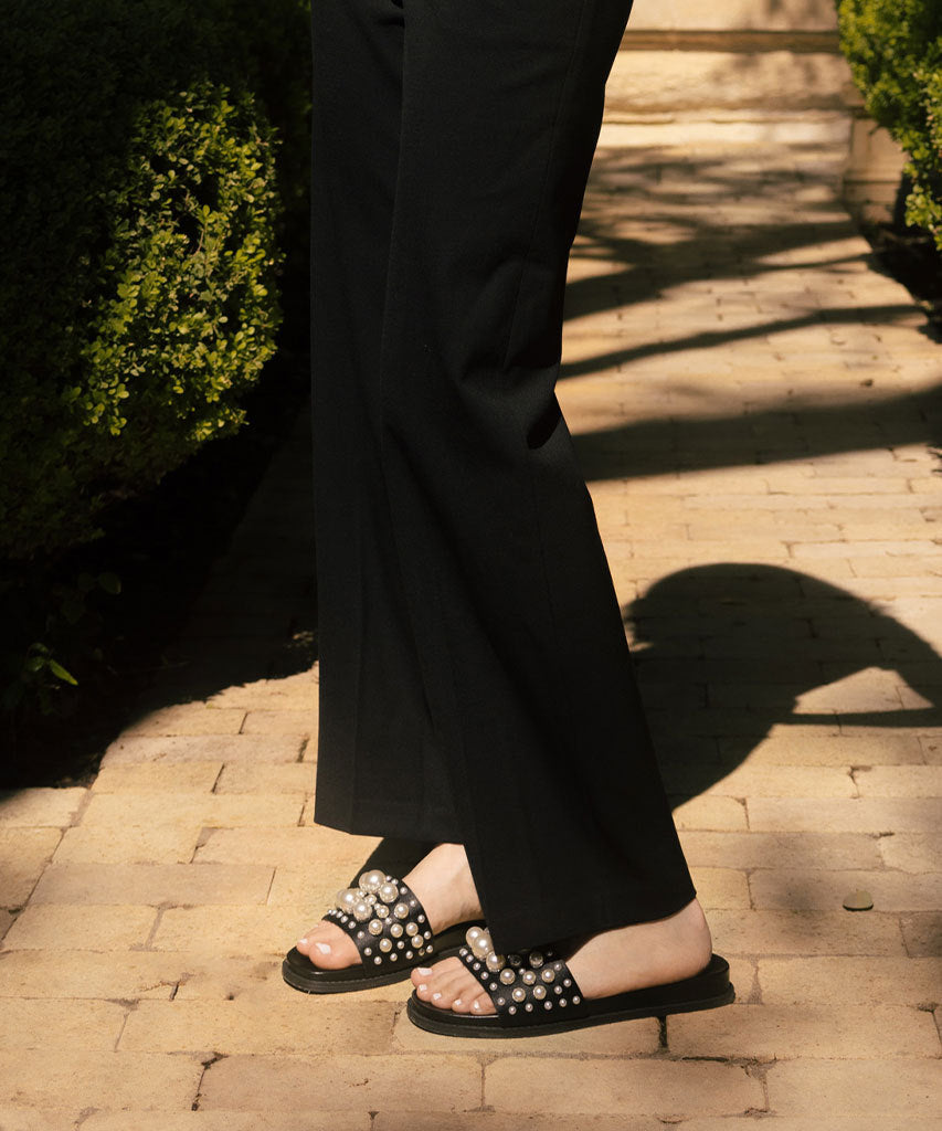 GABBI PEARL SANDALS - Women's Black Pearl Embellished Flip Flops | Comfortable Beach Sandals for Summer, Vacation & Wedding Occasions
