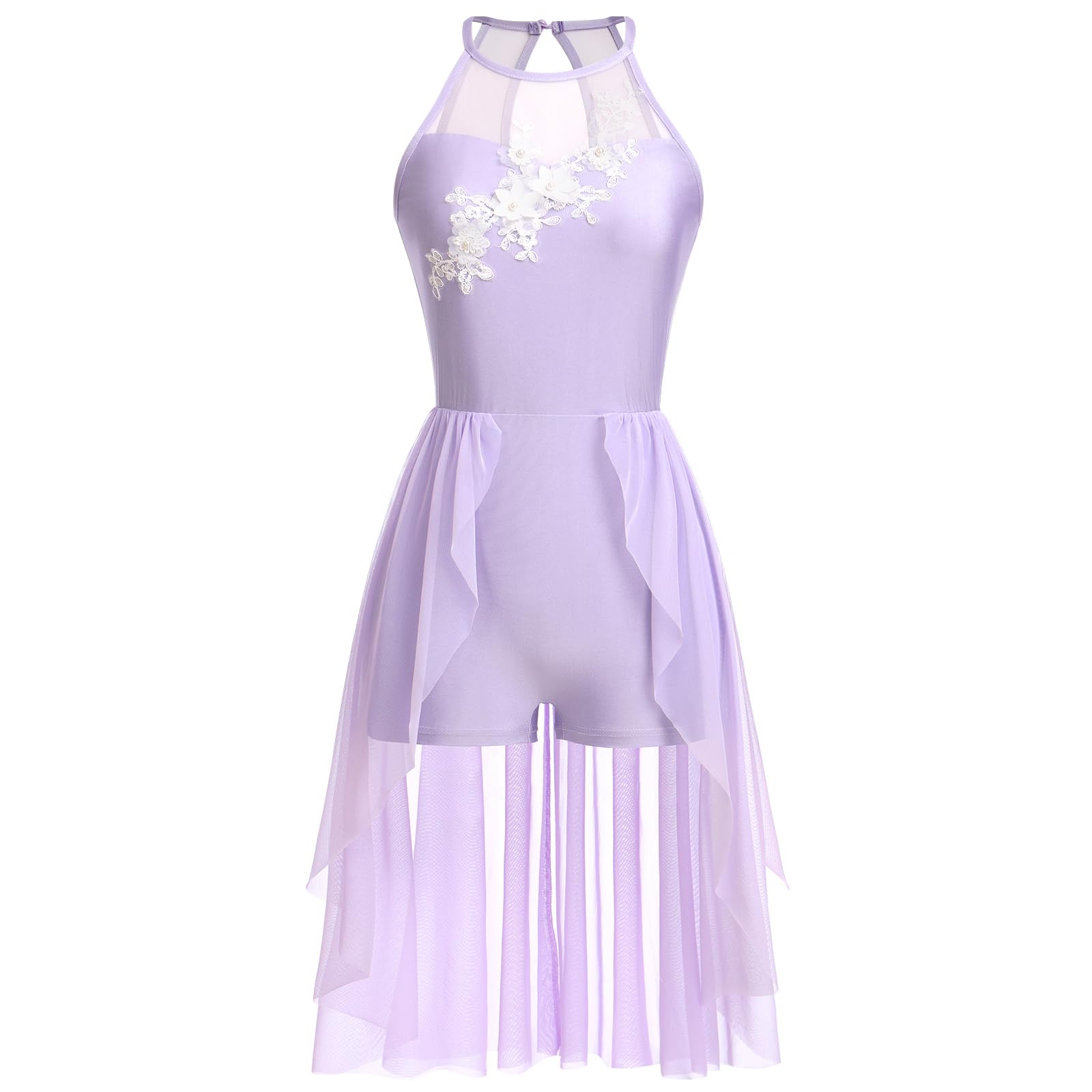 Elegant Lyrical Dance Dress for Women - Halter Neck Floral Contemporary Ballet Costume with Flowy Tulle Skirt & Boyshorts | Perfect for Performances, Recitals & Dance Competitions