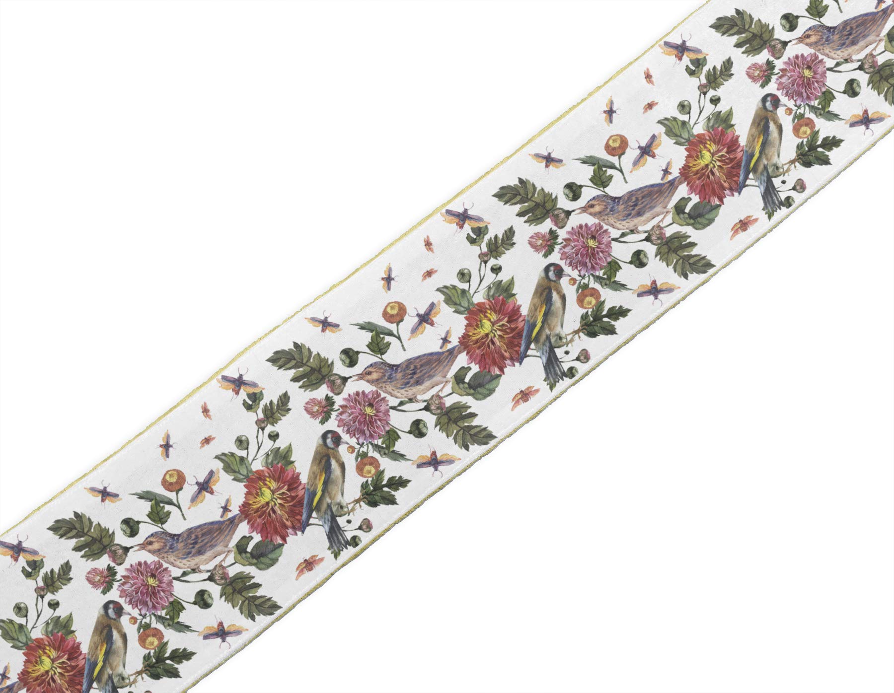 White Bird & Dahlia Floral Ribbon Trim Tape - 4 Inch Wide Printed Velvet Fabric Lace for Sewing & Crafts (9 Yards) - Perfect for DIY Clothing, Home Decor, Gift Wrapping & Scrapbooking