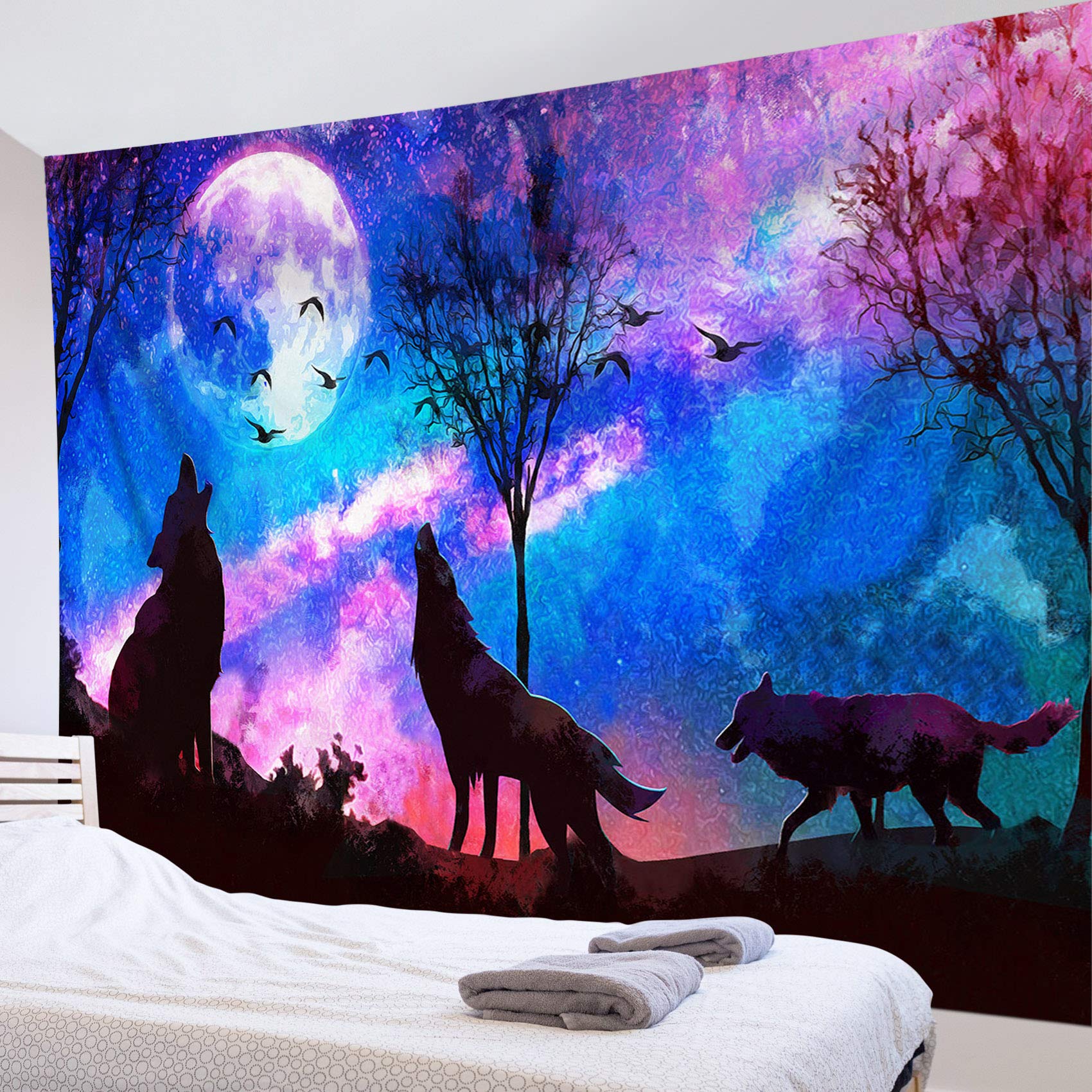 HVEST Wolf Tapestry Purple Blue Psychedelic Starry Sky with Moon and Mountains, 92.5x70.9 Inch Wall Hanging Blanket for Bedroom, Living Room, Teen Dorm, Indie Decor, Perfect for Home, Office, and Event Backdrops