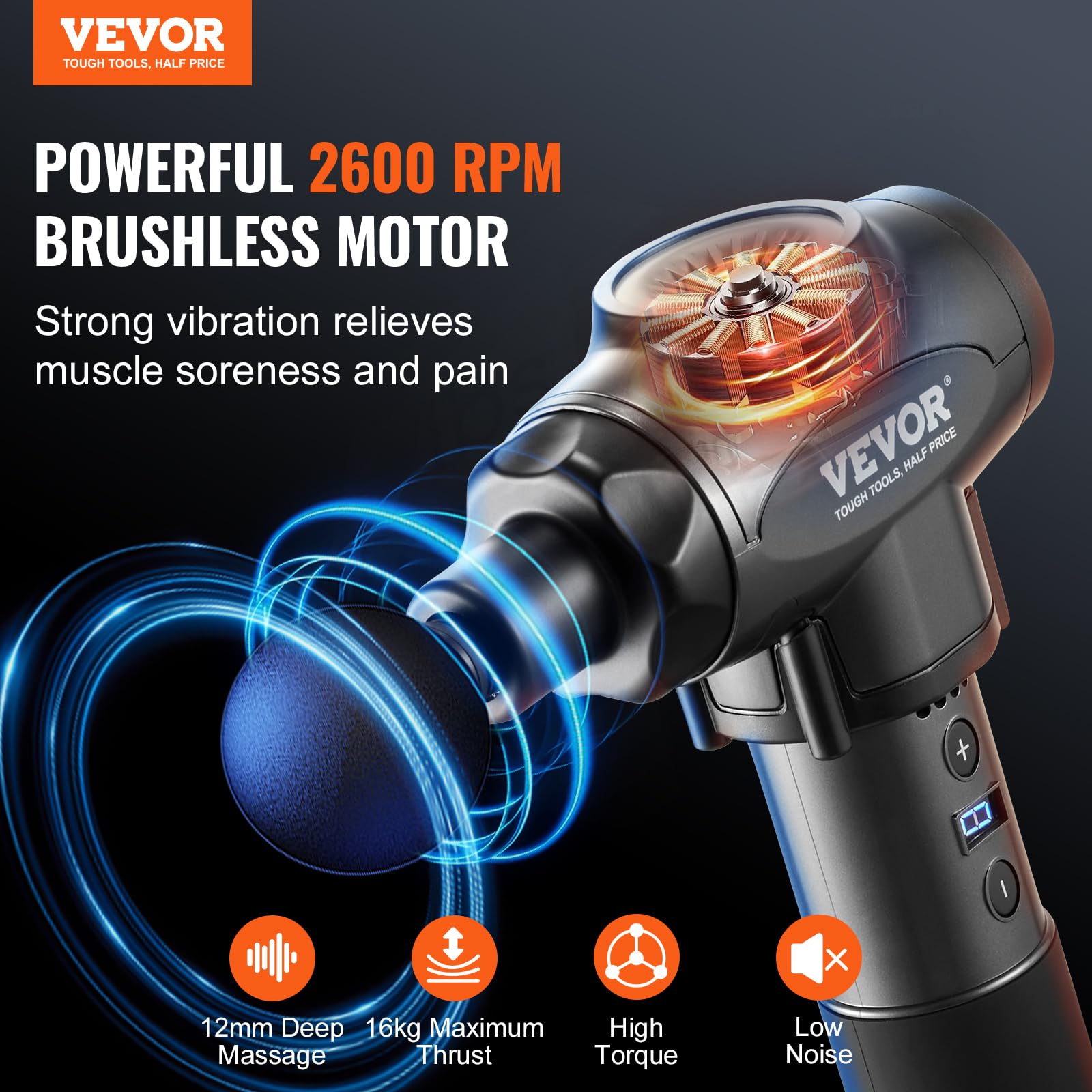 VEVOR Percussion Massage Gun for Athletes - 9 Speed Levels, 6 Interchangeable Heads, 28W Power & 2500mAh Battery - Handheld Deep Tissue Massager for Pain Relief, Muscle Recovery - Perfect for Post-Workout, Gym, Sports & Home Use