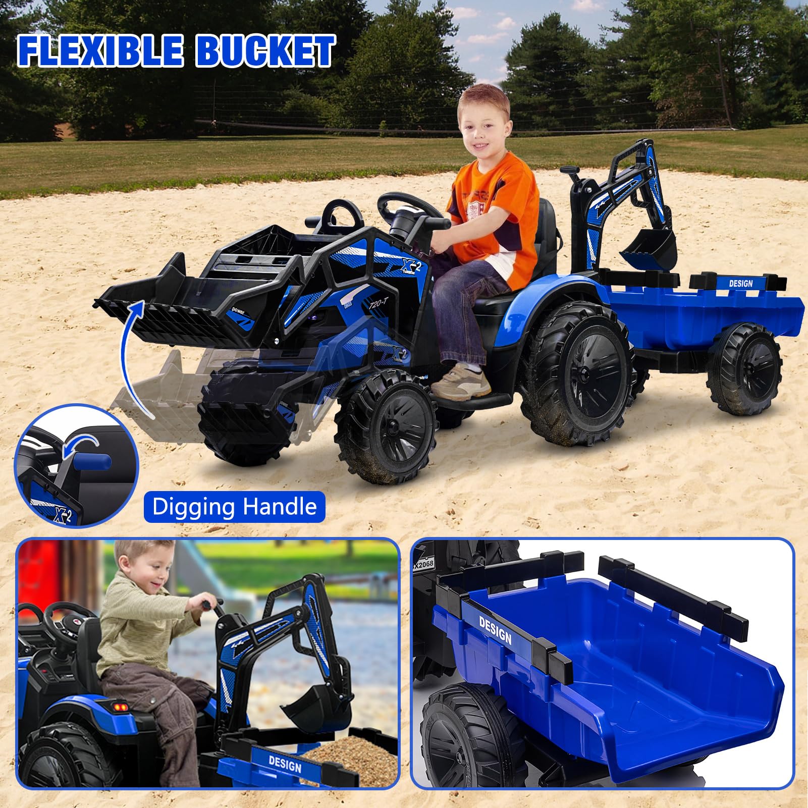 24V 3-in-1 Electric Kids Ride-On Tractor with Excavator & Bulldozer Attachments - Remote Control Toy Vehicle with Trailer, Digger Bucket, EVA Tires, LED Lights, Music & USB - Blue | Outdoor Play, Construction Pretend Play, Backyard Fun for Toddlers