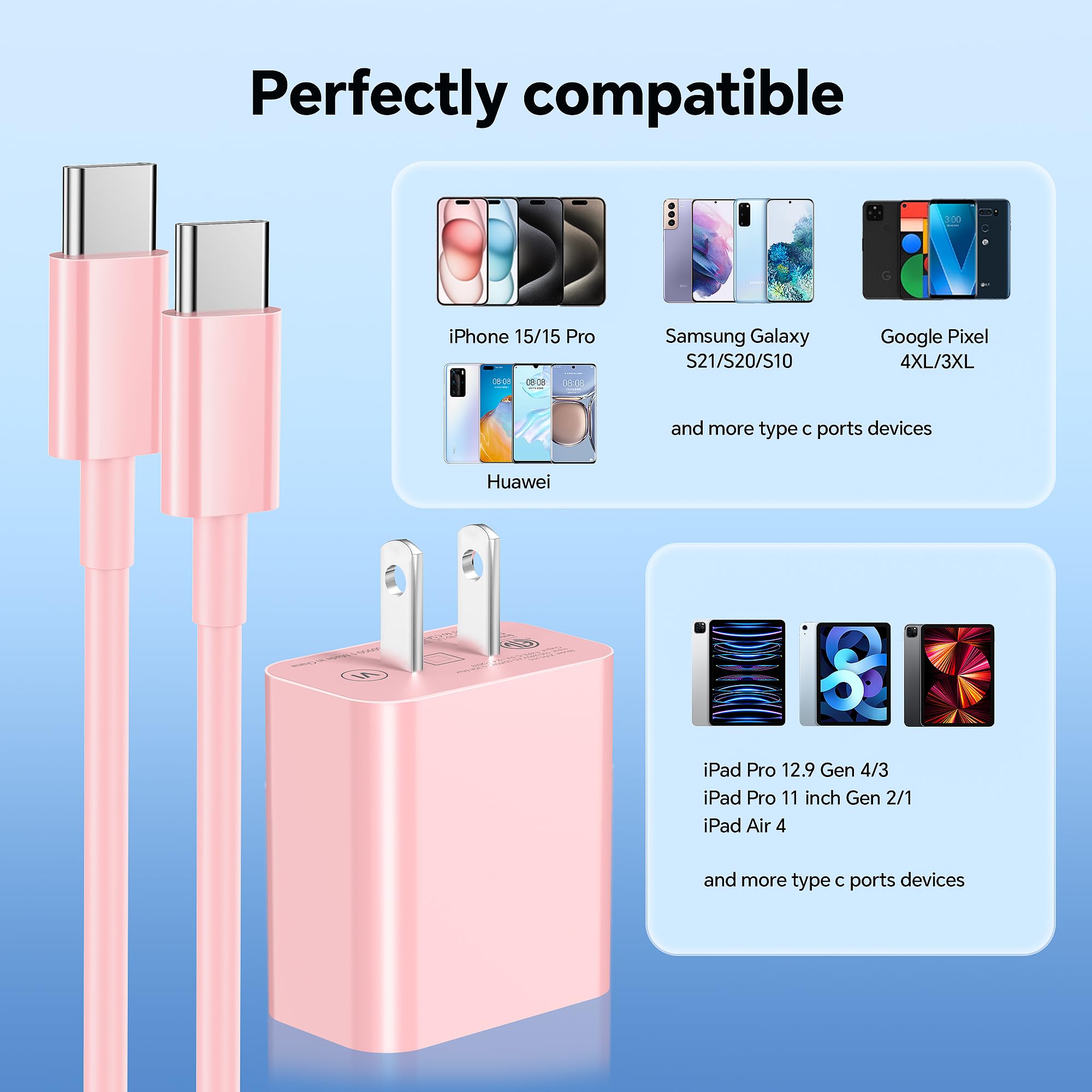 20W USB C Fast Charger Block 3-Pack with 6FT 60W USB C to C Cable - Compatible with iPhone 15/14/13/12, iPad Pro, Samsung Galaxy S23/S22, Android Phones (Pink) - Perfect for Home, Office & Travel Charging