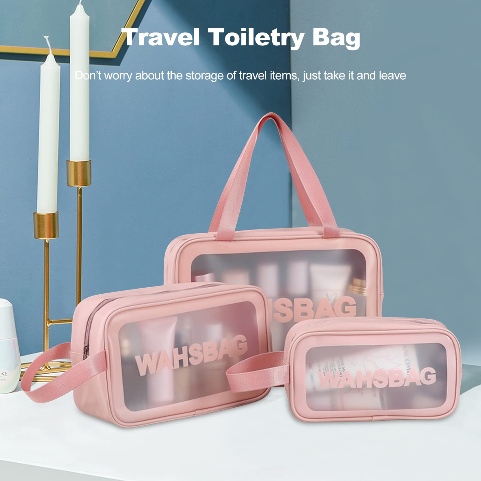 Ergocar 3-Piece Clear Travel Toiletry Bag Set - TSA Approved Waterproof Cosmetic Organizer for Women & Men | Perfect for Airports, Showers & Vacation Packing (Pink)