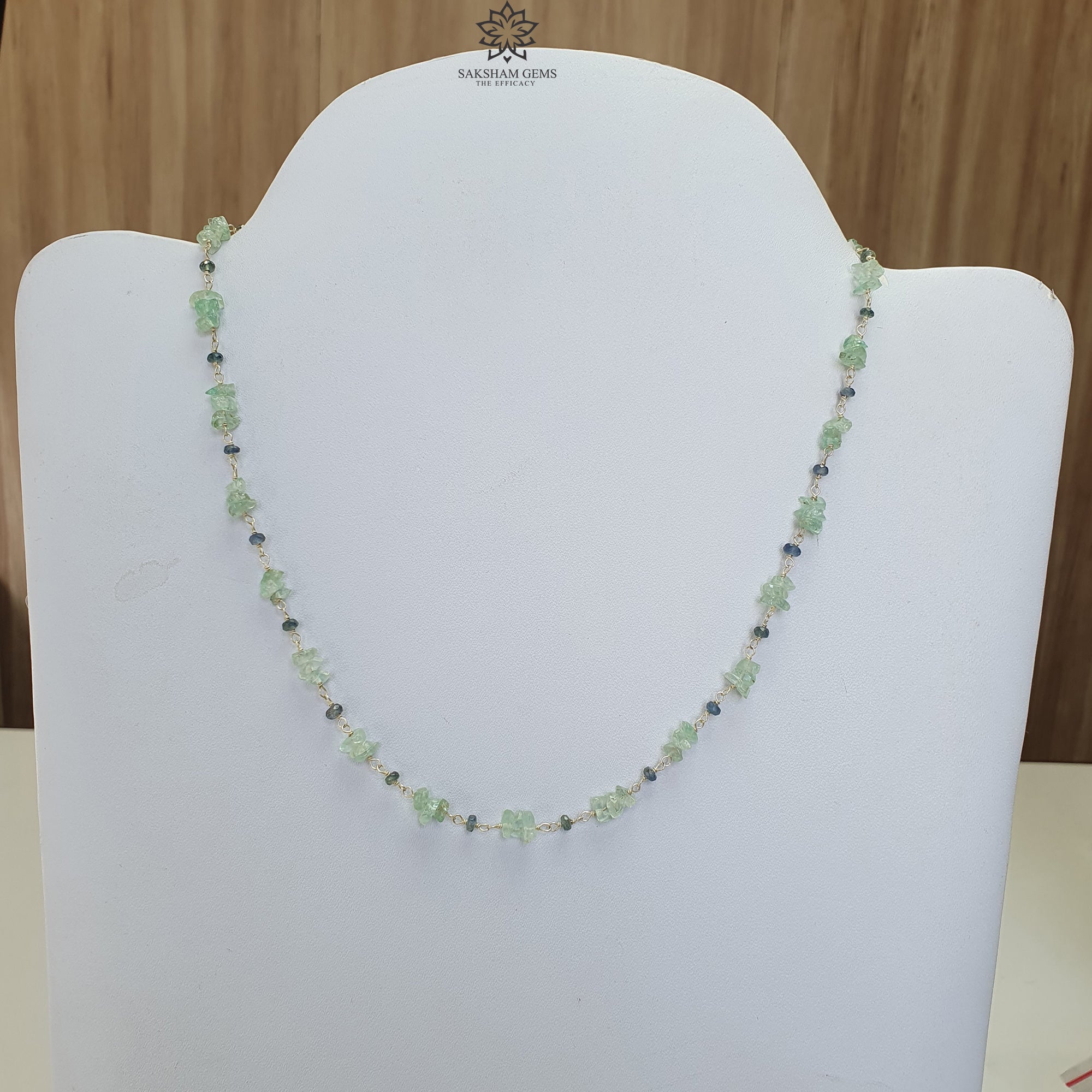 925 Sterling Silver Green Emerald & Blue Sapphire Gemstone Beaded Chain Necklace - 8.00g Natural Uncut Stones - 17