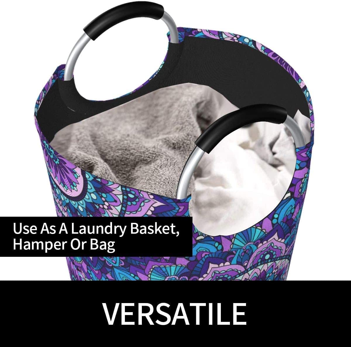Dujiea 82L X-Large Collapsible Laundry Basket with Aluminum Handles - Tall Mandala Purple Clothes Hamper for Kids, Dorm Room, Bedroom & Bathroom Storage - Perfect for Laundry Organization & Home Decor
