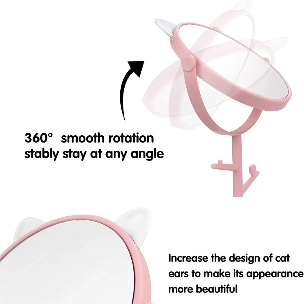 Cute Cat Ears Vanity Mirror - Folding Desk Mirror for Makeup & Freestanding Use | Pastel Pink Cosmetic Mirror for Bedroom, Bathroom & Dressing Table | Portable Compact Mirror with Adjustable Angle