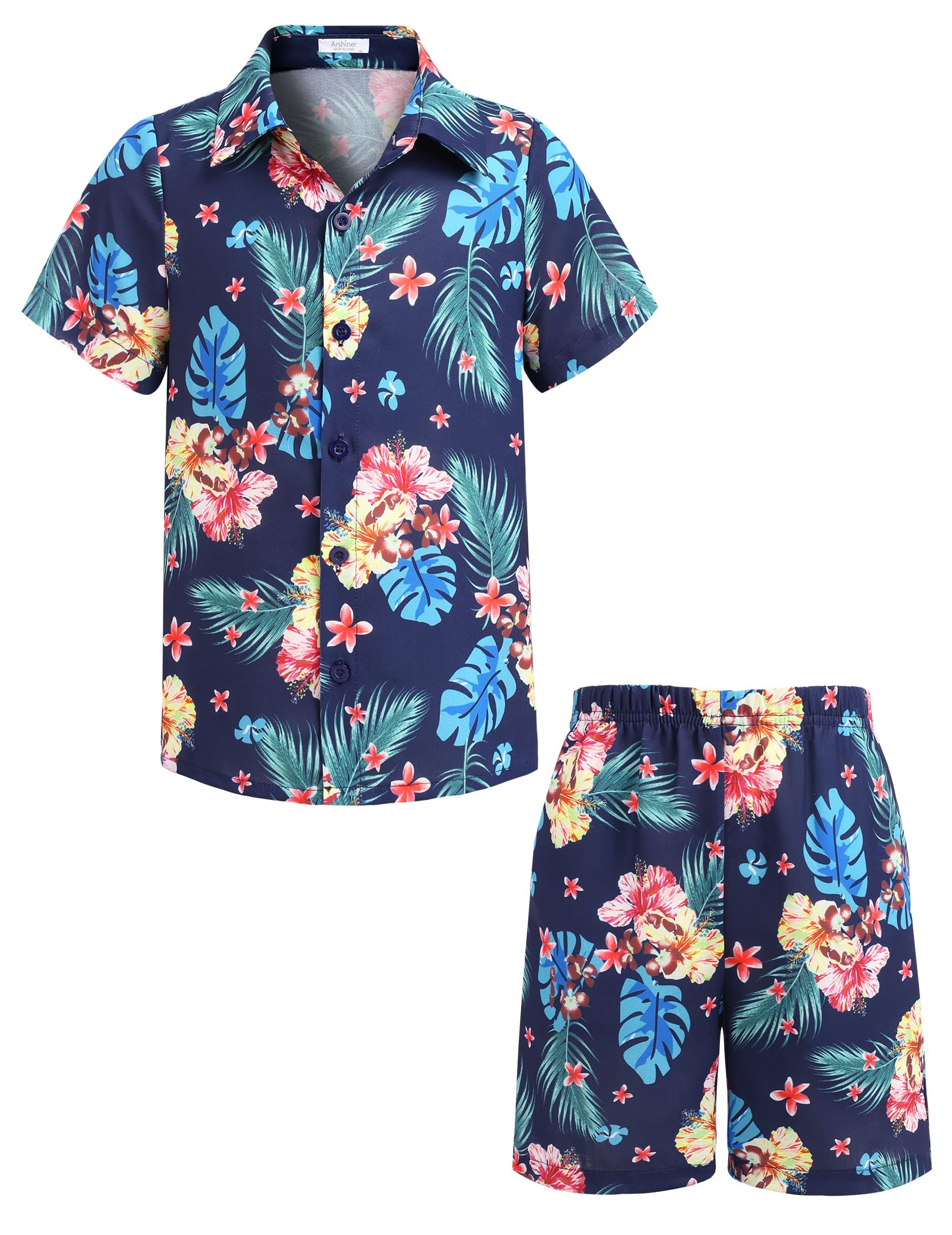 Arshiner Boys 2-Piece Hawaiian Outfit Set - Button Down Shirt & Shorts for Summer Beach Vacation | Tropical Casual Wear for Kids Ages 4-12 | Perfect for Pool Parties, Family Trips & Outdoor Adventures