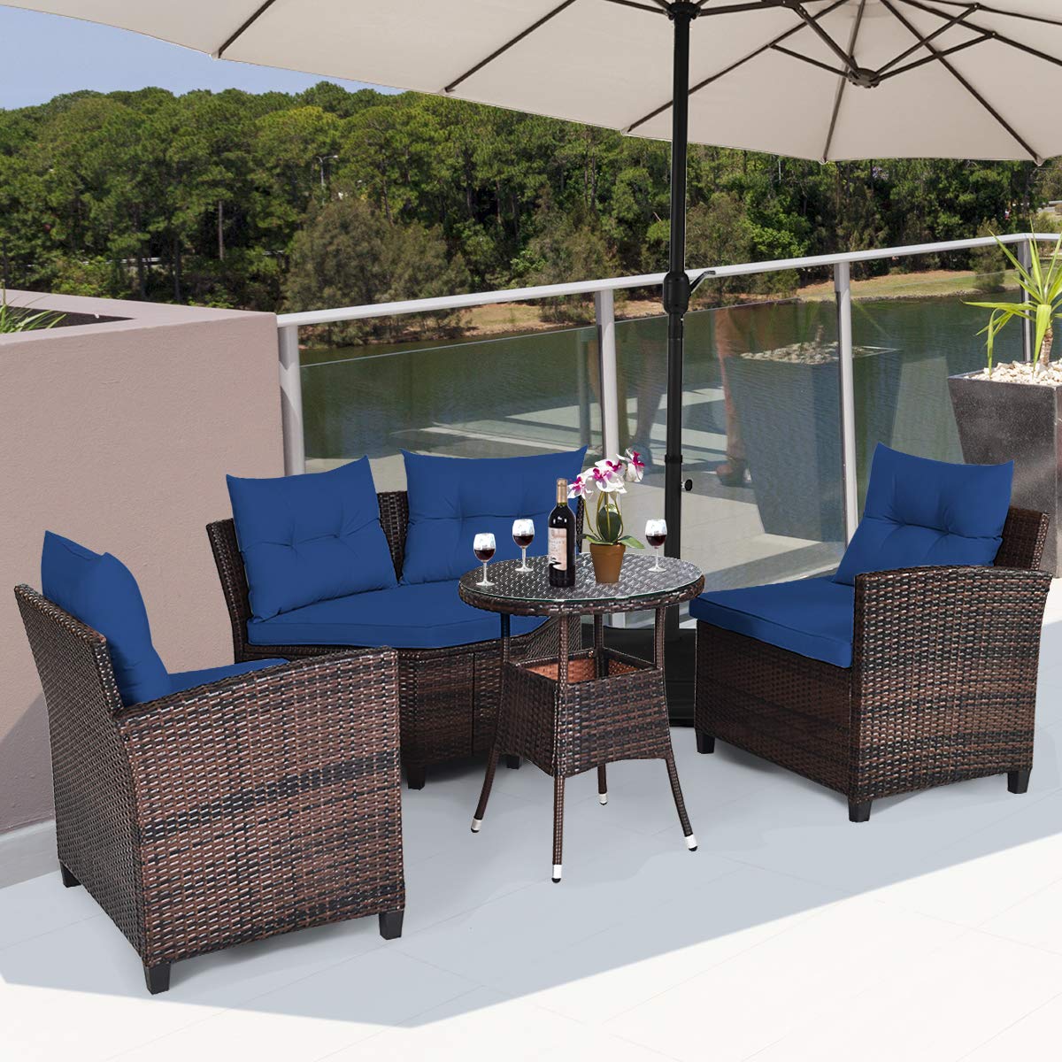 Tangkula 4-Piece Outdoor Patio Furniture Set - Modern C-Shape Wicker Sectional Sofa with Cushions & Glass Coffee Table, Water-Resistant Rattan Deck Set for Garden, Poolside, Balcony, Backyard (Navy Blue) | Perfect for Outdoor Relaxation & Entertaining