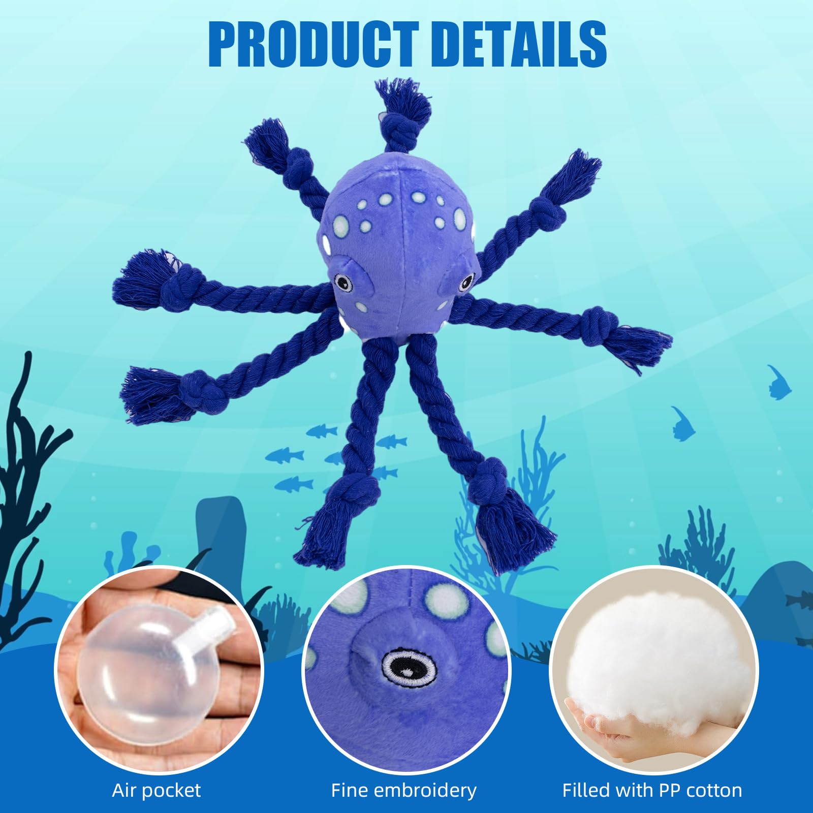 Durable Blue Octopus Dog Toy with Soft Fabric & Rope Knot - Interactive Squeaky Chew Toy for Small, Medium & Large Dogs - Perfect for Playtime, Training & Bonding with Your Pet