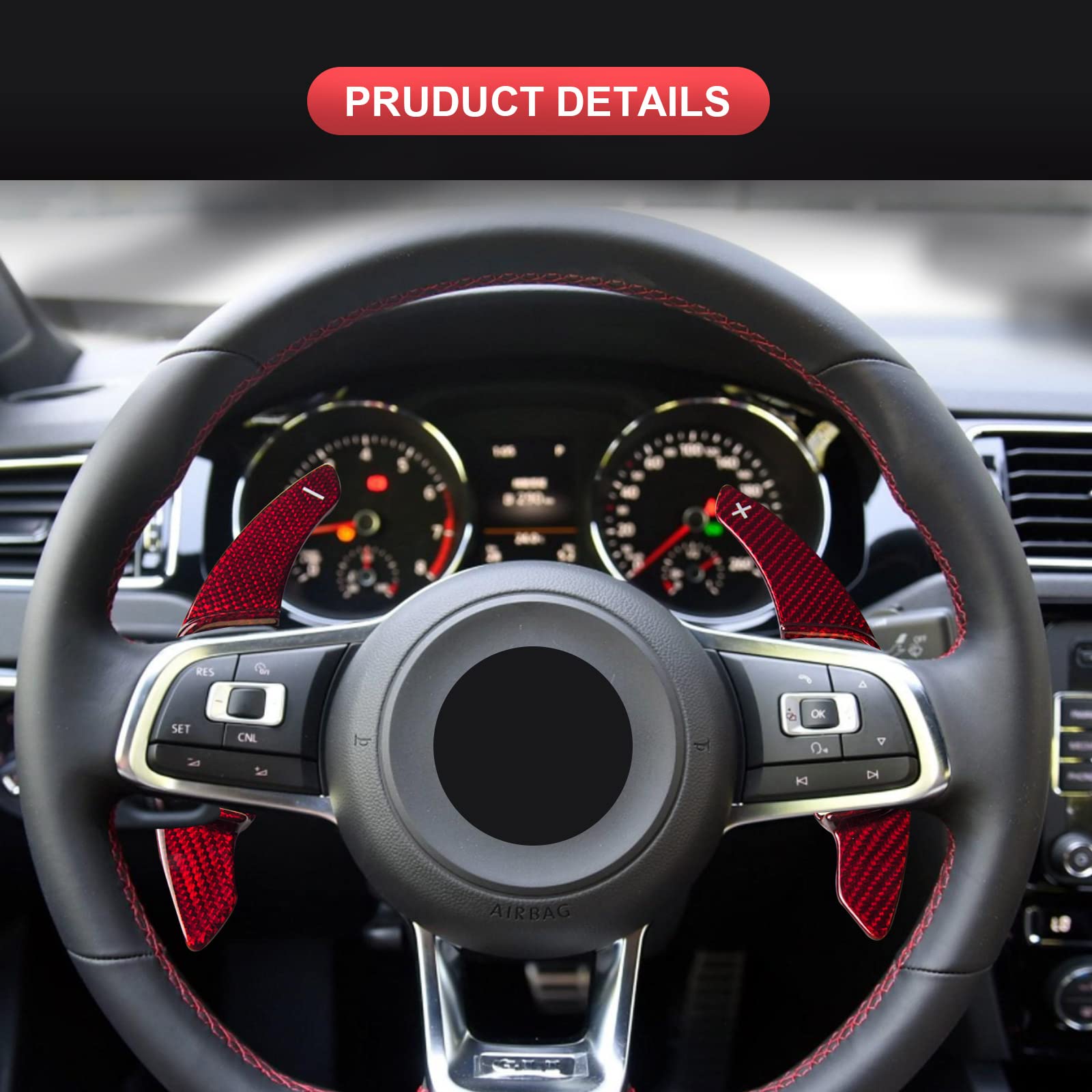 Carbon Fiber Steering Wheel Shift Paddle Extender - Compatible with VW Golf 7, Scirocco, Sagitar, GLI, Lamando GTS & Polo GTI - Gloss Red Trim Cover - Enhance Driving Performance for Racing & Daily Commute