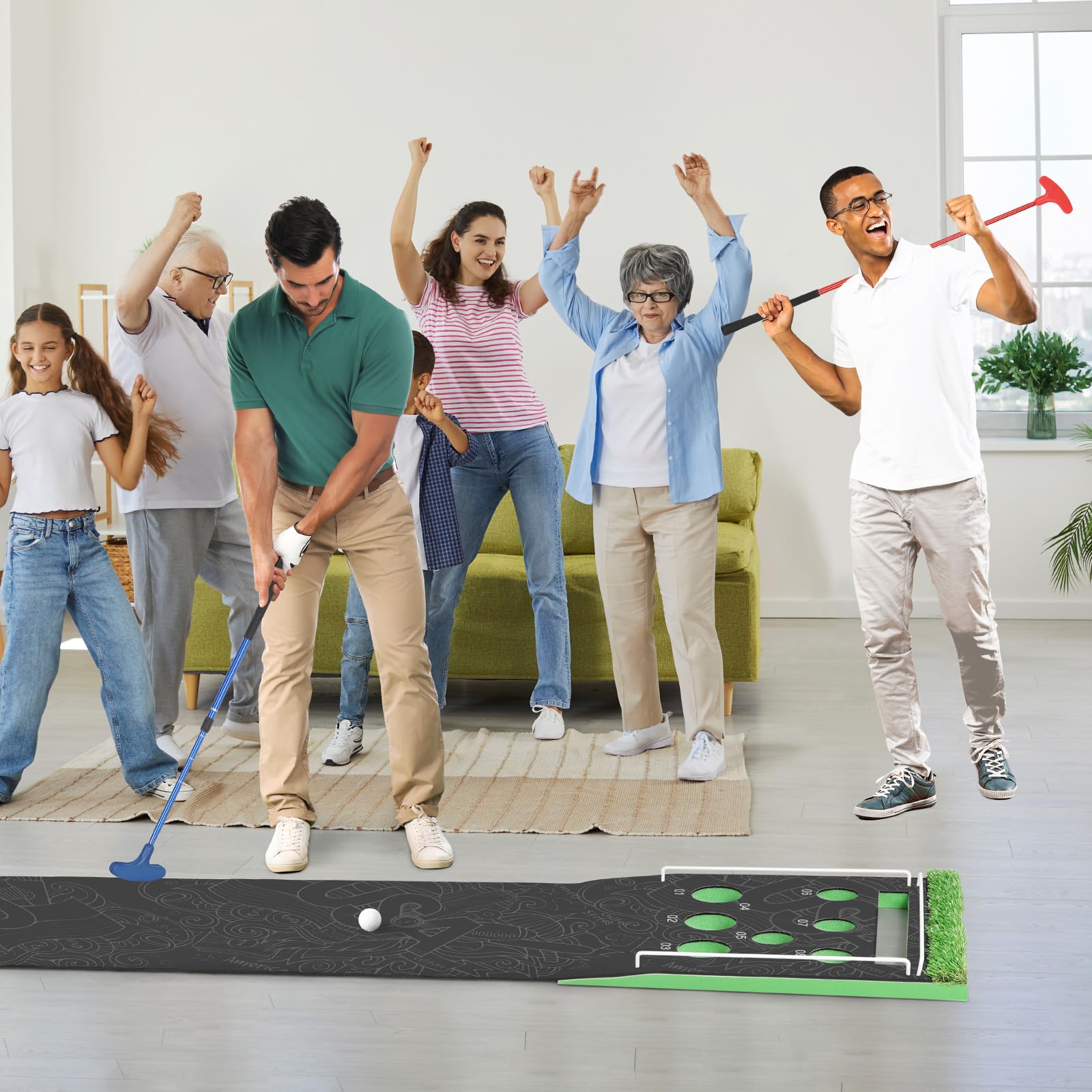 Premium Golf Pong Game Set - Adjustable Putter, 8 Golf Balls & Carrying Bag - Indoor/Outdoor Putting Green for Backyard, Parties & Family Fun