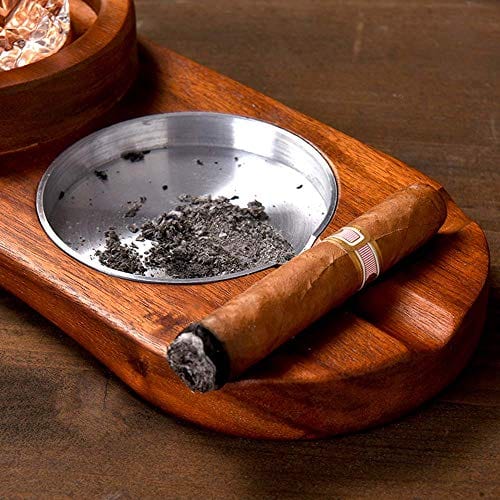 Premium Wooden Cigar Ashtray with Whiskey Glass Holder - Round Cigar Rest & Accessory Set for Men - Perfect for Smoking Lounges, Man Caves & Gifts