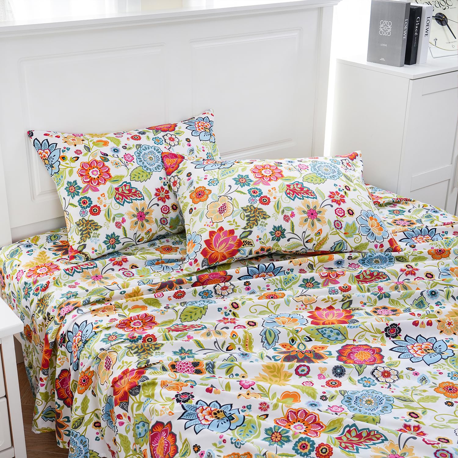 MEISHANG Queen Sheet Set - Floral Printed Ultra Soft Brushed Microfiber Bedding - Deep Pocket Fits Mattresses Up to 16