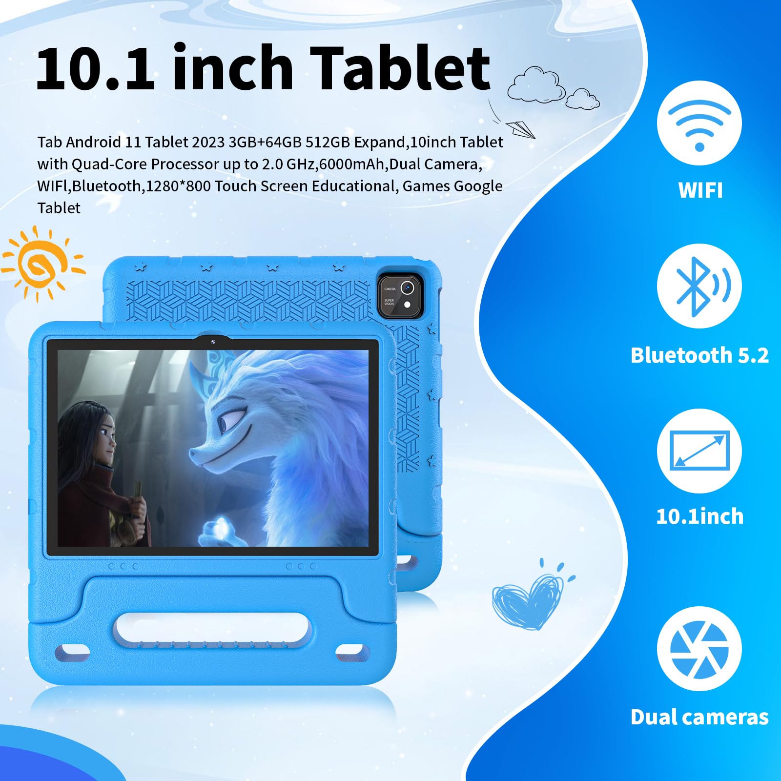 10 Inch Kids Tablet with Android 13 | 6GB RAM 64GB ROM | Bluetooth, WiFi, GMS | Parental Control & Shockproof Case | Educational Learning & Games Tablet for Toddlers (Blue) - Perfect for Homeschooling, Travel Entertainment & Early Childhood Development