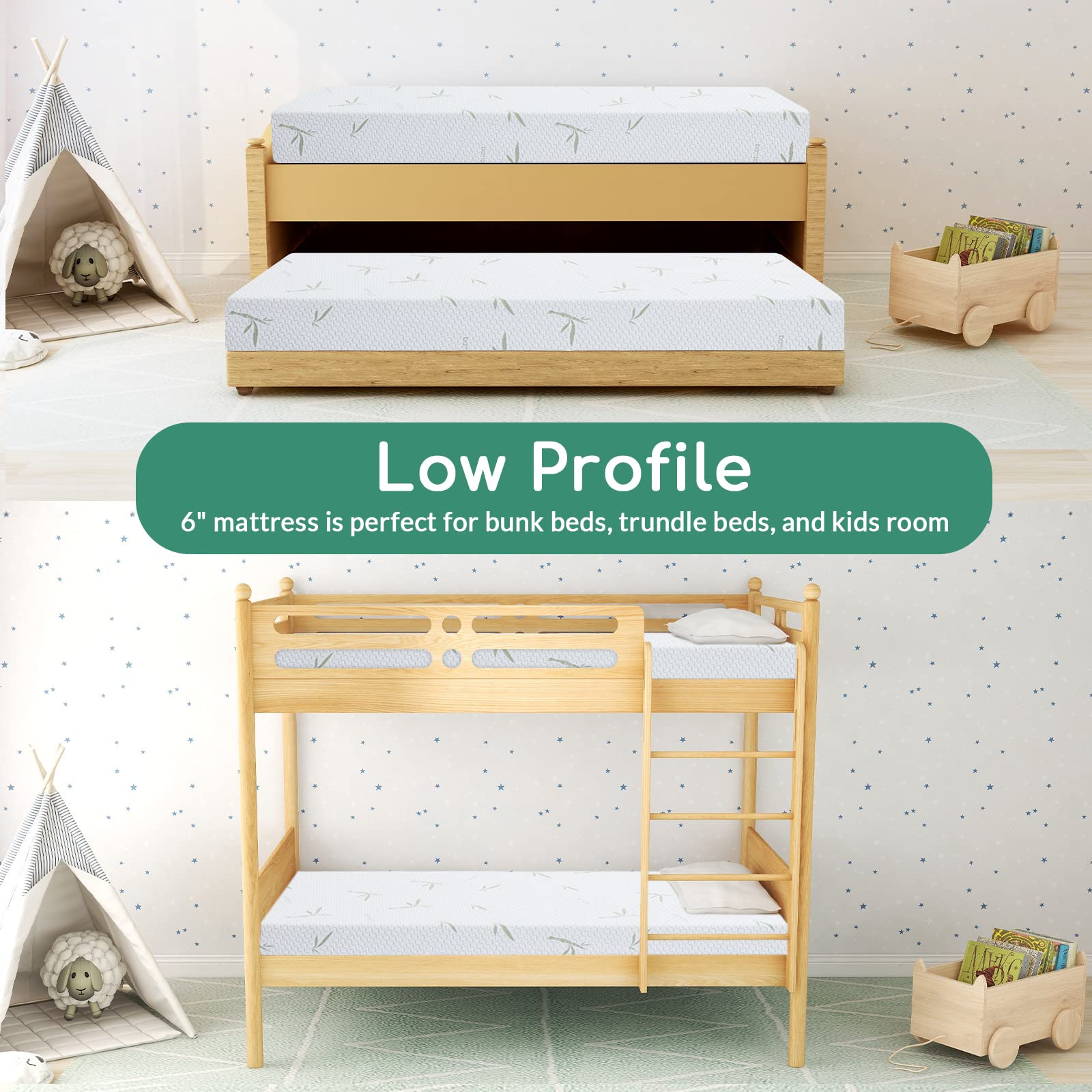 6 Inch Twin Memory Foam Mattress in a Box - CertiPUR-US Certified, Medium Firm Green Tea Gel Infused with Breathable Bamboo Cover - Perfect for Kids Bunk Beds, Trundle Beds & Guest Rooms - Made in USA