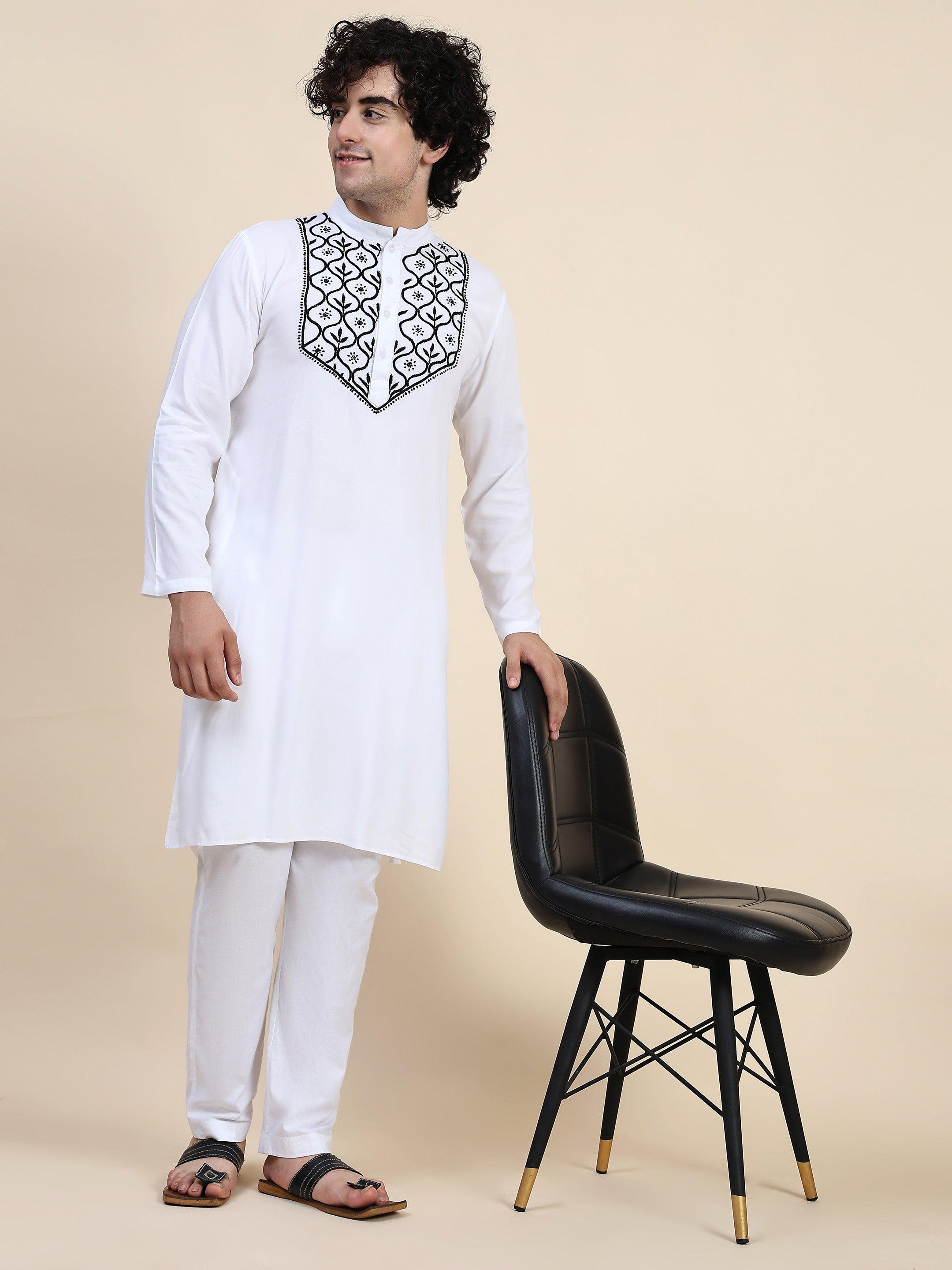 HOK Men's Chikankari Kurta - White Rayon Cotton Embroidered Tunic for Casual Wear & Festive Occasions