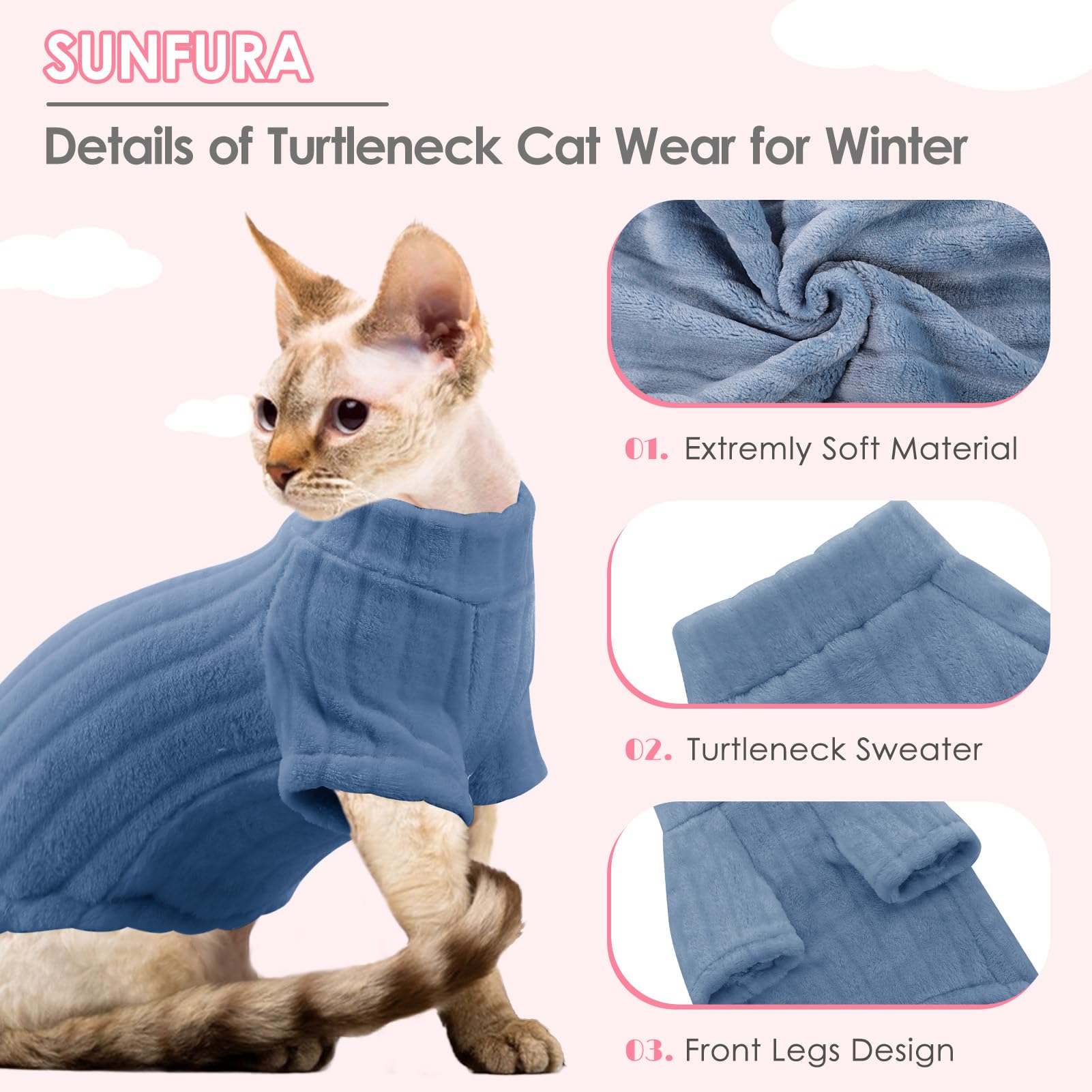 Warm & Soft SUNFURA Cat Sweater for Hairless Sphynx - Fleece Pullover with Sleeves, Cozy Turtleneck Kitten Jumpsuit for Fall & Winter (Blue, Medium) - Perfect for Indoor Comfort & Cold Weather Protection