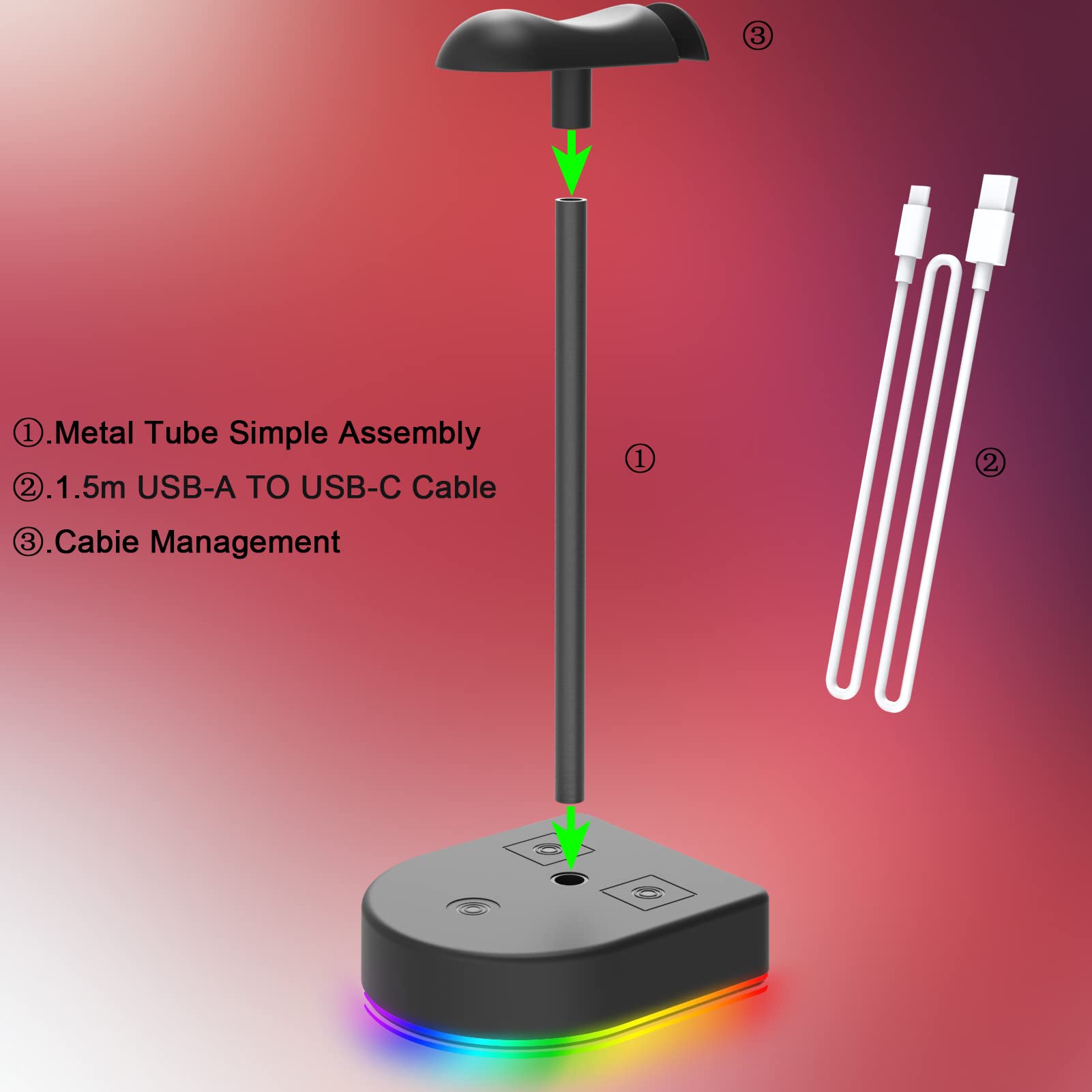 Premium RGB Gaming Headphone Stand with 15W Fast Wireless Charger & USB Port - Qi-Certified Headset Holder for Desk, PC Setup - Perfect for Gamers, Streamers & Office Use (Black)