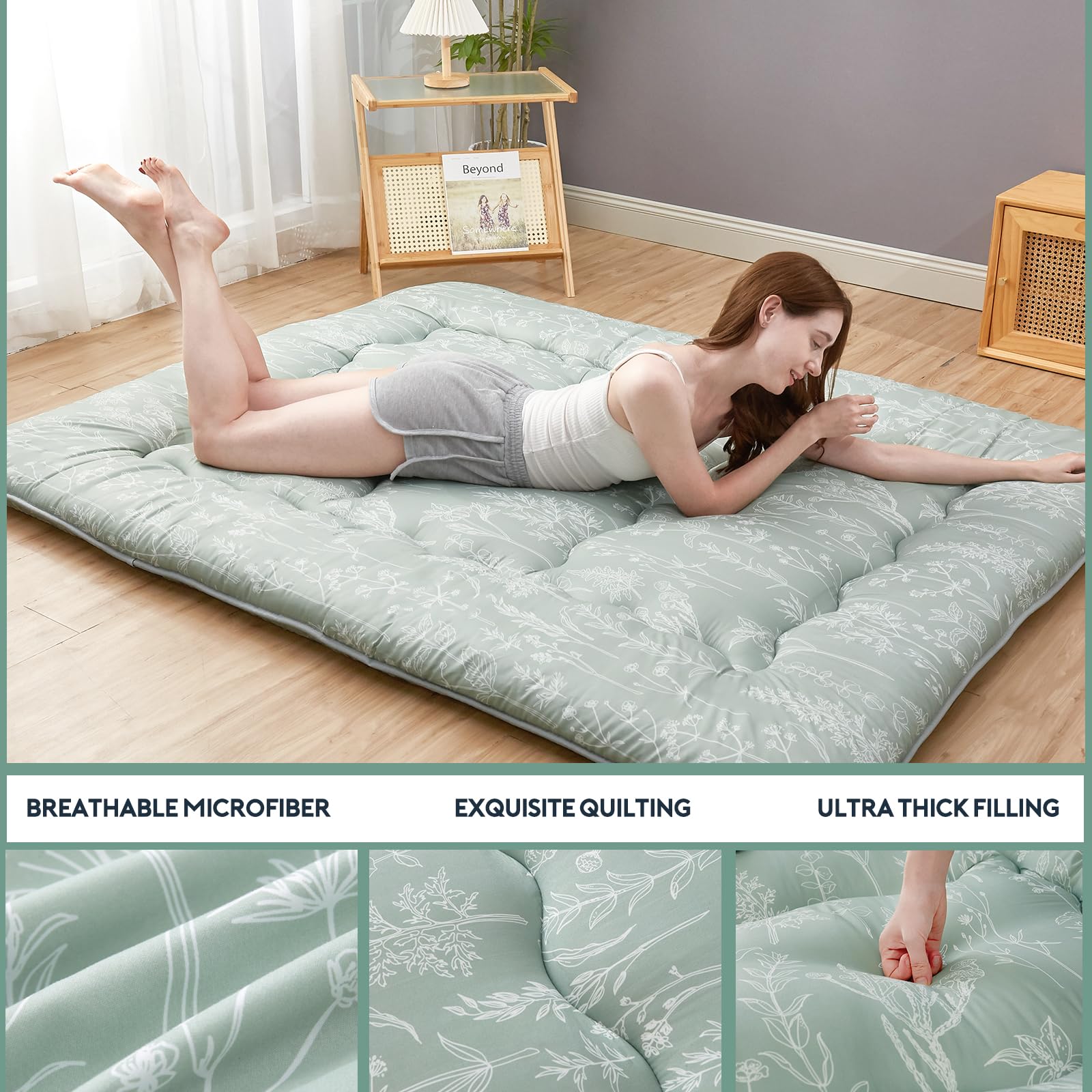 Japanese Futon Floor Mattress - Foldable Tatami Mattress with Washable Cover for Adults & Kids, Twin/Full/Queen Size (Sage Green) | Perfect for Guest Rooms, Small Spaces & Minimalist Living