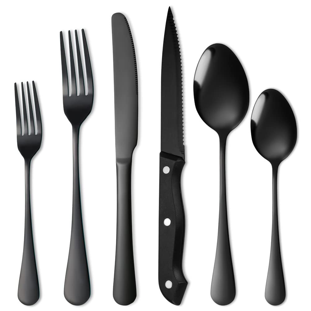 24-Piece Black Silverware Set - Food-Grade Stainless Steel Flatware for 4 - Mirror Finish Cutlery Set - Dishwasher Safe - Perfect for Dinner Parties, Restaurants & Everyday Dining