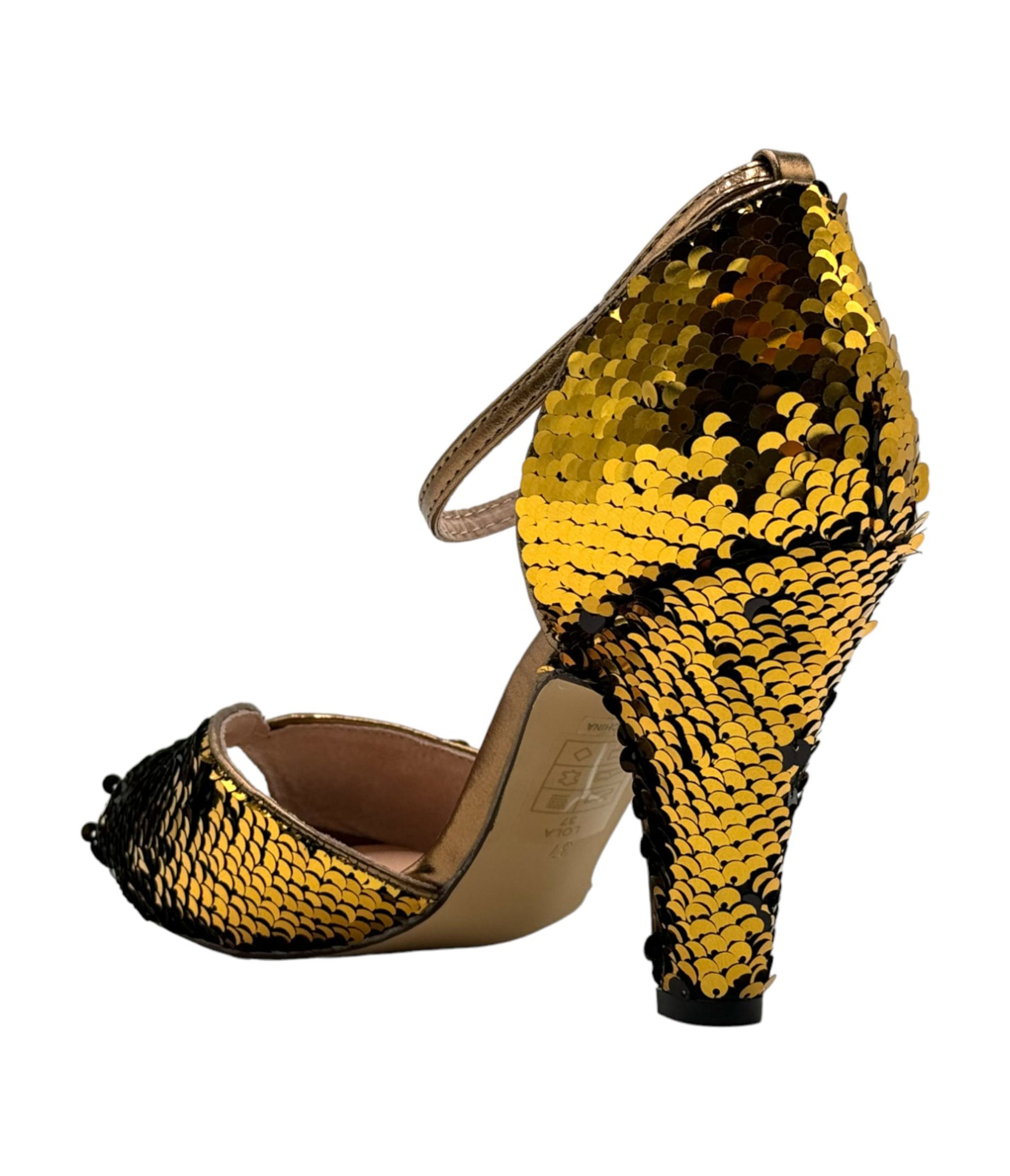 Chelsea Crew Black & Gold Sequin Lola Pumps - Elegant Women's High Heels for Parties, Weddings & Special Occasions