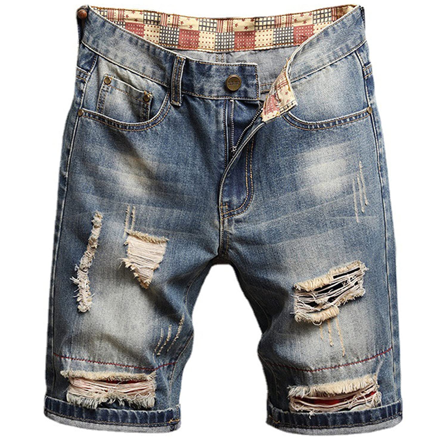 Vintage Distressed Denim Shorts for Men - Retro Plus Size Casual Jean Shorts with Embroidery & Ripped Slim Biker Style (Blue, Size 33) - Perfect for Summer Outfits, Beach Wear & Casual Street Fashion