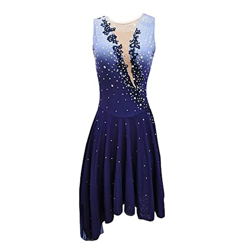 Blue Diamond Figure Skating Dress - Elegant Long Skirt Competition Costume for Ice Dancing & Performances | Perfect for Ice Shows, Competitions & Ballet on Ice