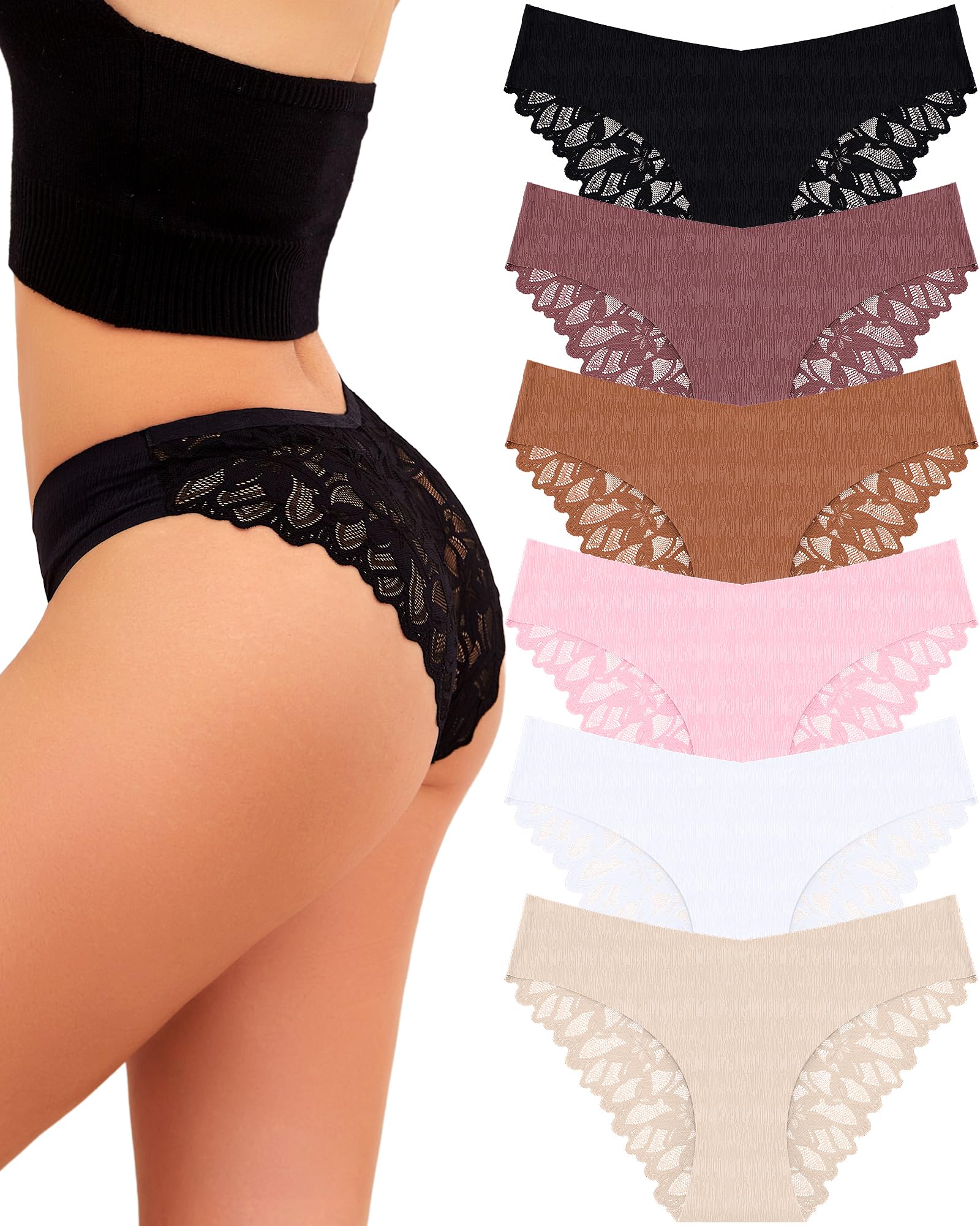 Seamless Soft Lace Hipster Panties for Women - No Show Cheeky Bikini Underwear 6 Pack (S-XL) | Comfortable Sexy Underwear for Everyday Wear, Date Night & Beach