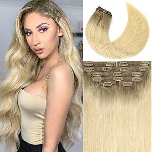 Luxury 18-Inch Clip-In Human Hair Extensions - 7pcs Double PU Wefts, 110g, Ombre Ash Brown to Platinum Blonde, Thick to Ends, Natural Straight Hair - Perfect for Parties, Weddings & Daily Styling