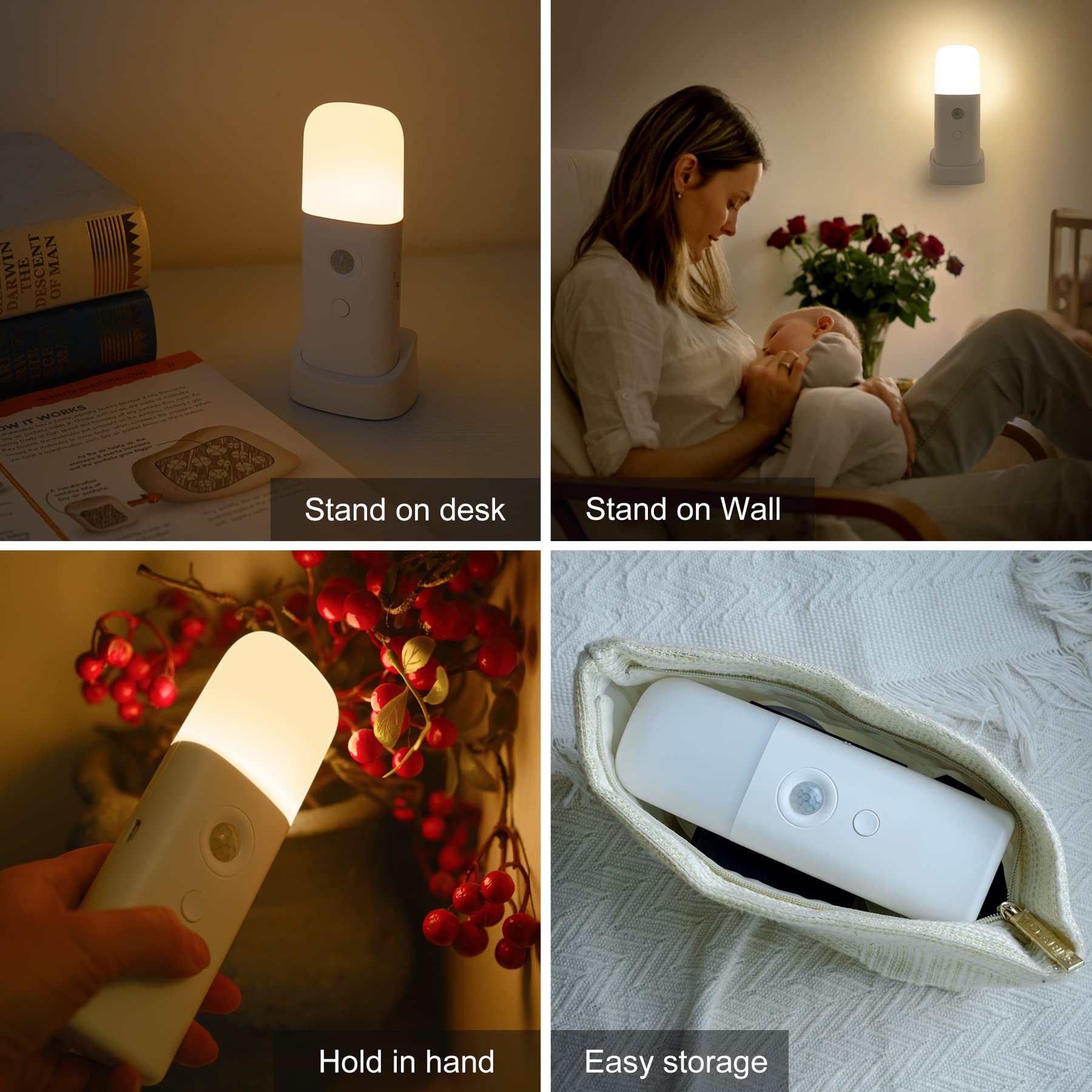 Motion Sensor Night Light for Kids - 2000mAh Rechargeable Battery Operated LED Table Lamp, 5-Level Dimmable Nursery Light for Bedroom, Bathroom & Hallway - Perfect for Nighttime Feeding, Bathroom Visits & Safe Navigation