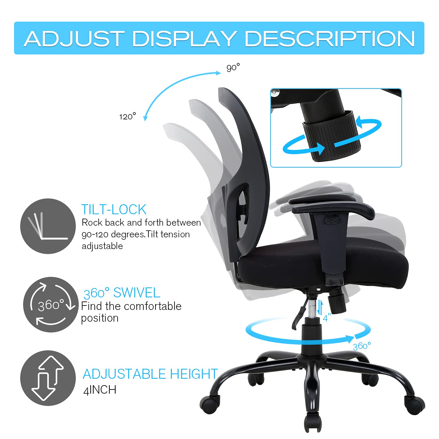 Big & Tall Office Chair 400 lbs Capacity - Heavy Duty Ergonomic Mesh Computer Desk Chair with Adjustable Height, Lumbar Support & Rolling Wheels for Home & Office Use - Perfect for Large & Tall Individuals (Black)
