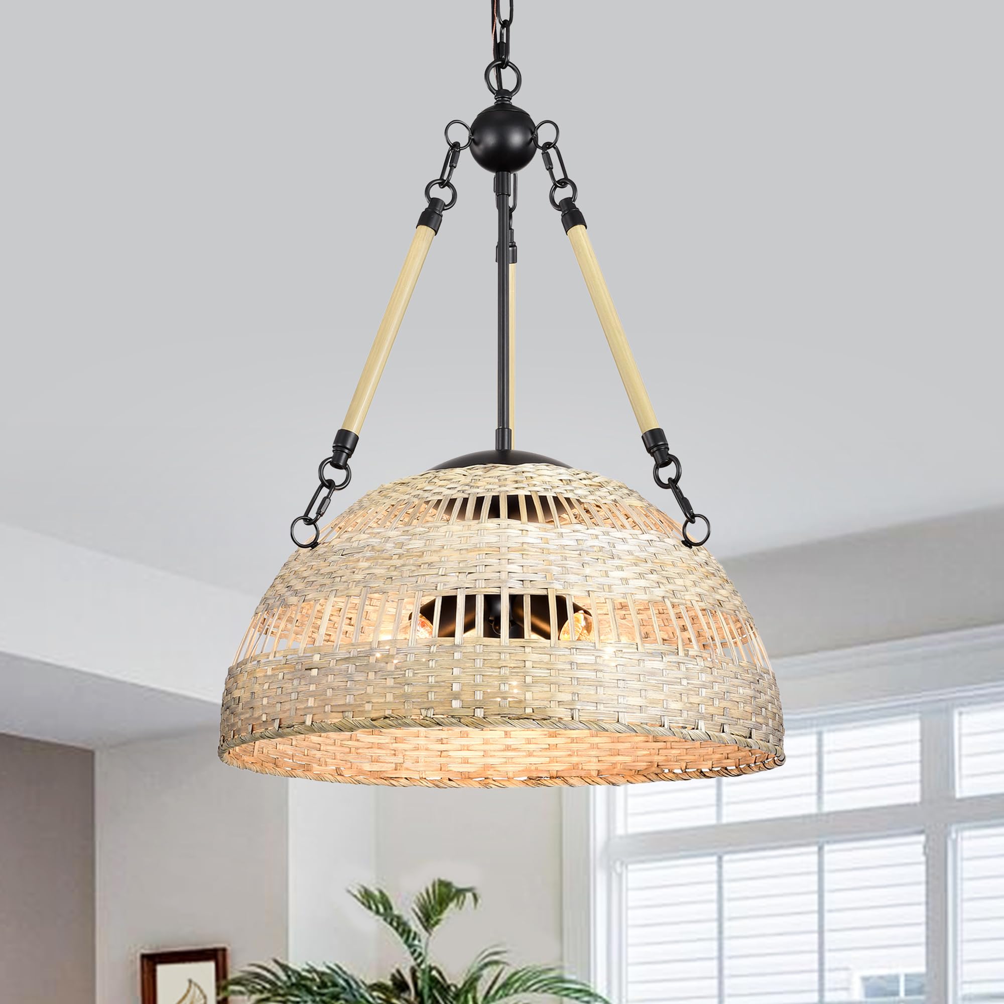 Edvivi 3-Light Bamboo Bowl Chandelier - Farmhouse Ceiling Light Fixture with Antique Silver & Black Finish, Adjustable Hanging Boho Pendant Light for Kitchen, Dining Room, Bedroom, Entryway - Perfect for Rustic, Vintage & Bohemian Home Decor