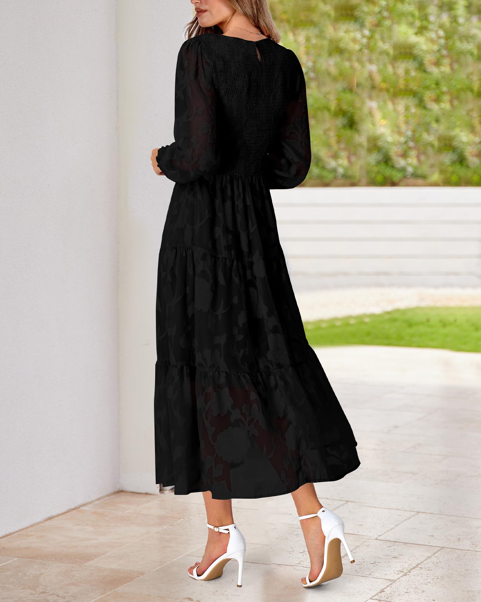 BTFBM Elegant Floral Midi Dress for Women - Long Sleeve Bohemian Wedding Guest Dress - Spring 2025 Casual Flowy Dress for Garden Parties, Bridal Showers & Special Occasions