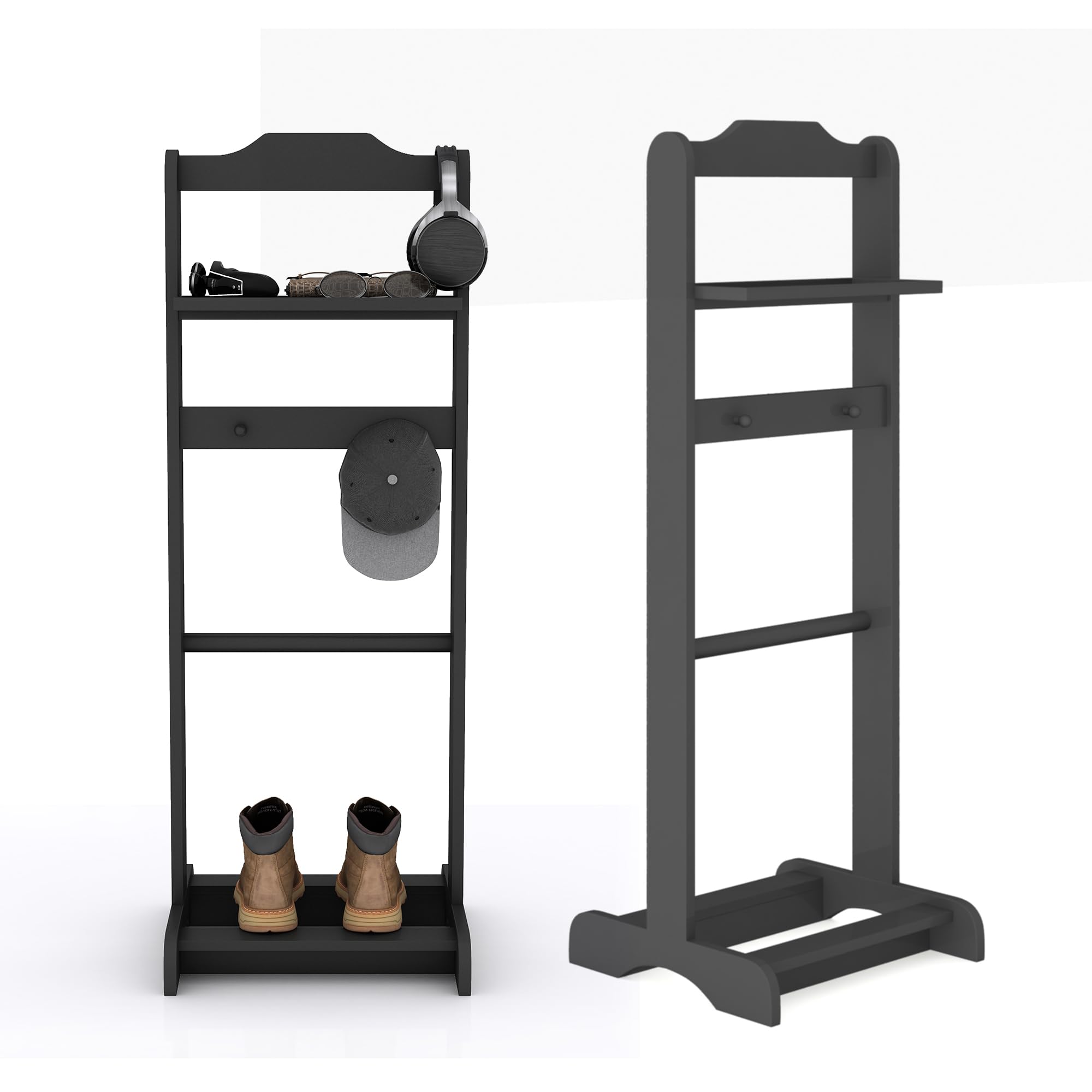 Portable Valet Stand with Top Tray - Foldable Clothes Rack for Entryway, Office & Living Room - Space Saving Garment Organizer (Black) | Perfect for Small Spaces, Guest Rooms & Daily Outfit Planning