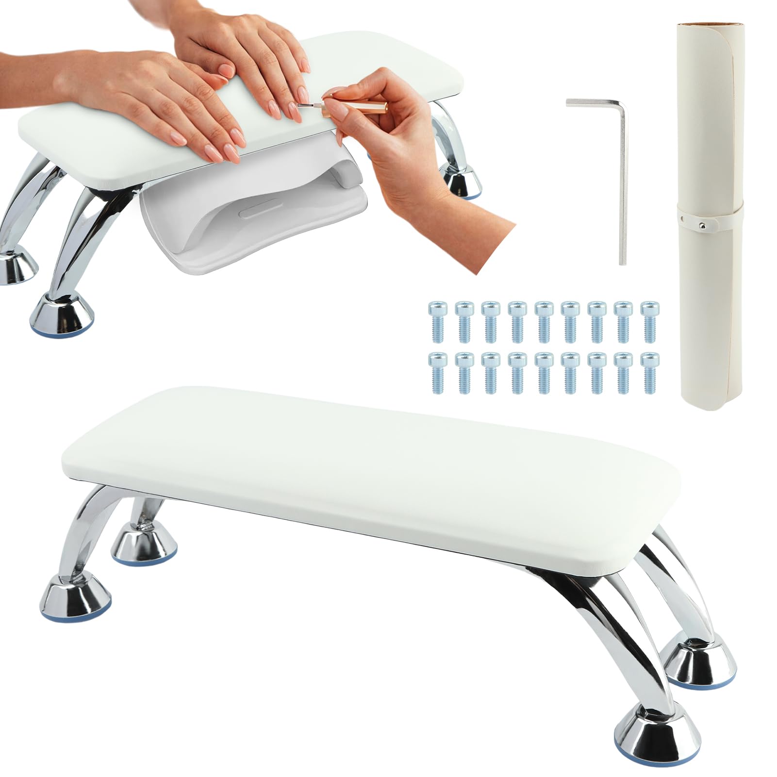 Foldable PU Leather Nail Hand Rest & Polish Mat Set - Acrylic Nail Art Table Mat with Hand Pillow for Manicure Salon | Portable Hand Rest for Gel Polish, Nail Extensions & DIY Home Nail Care (White)
