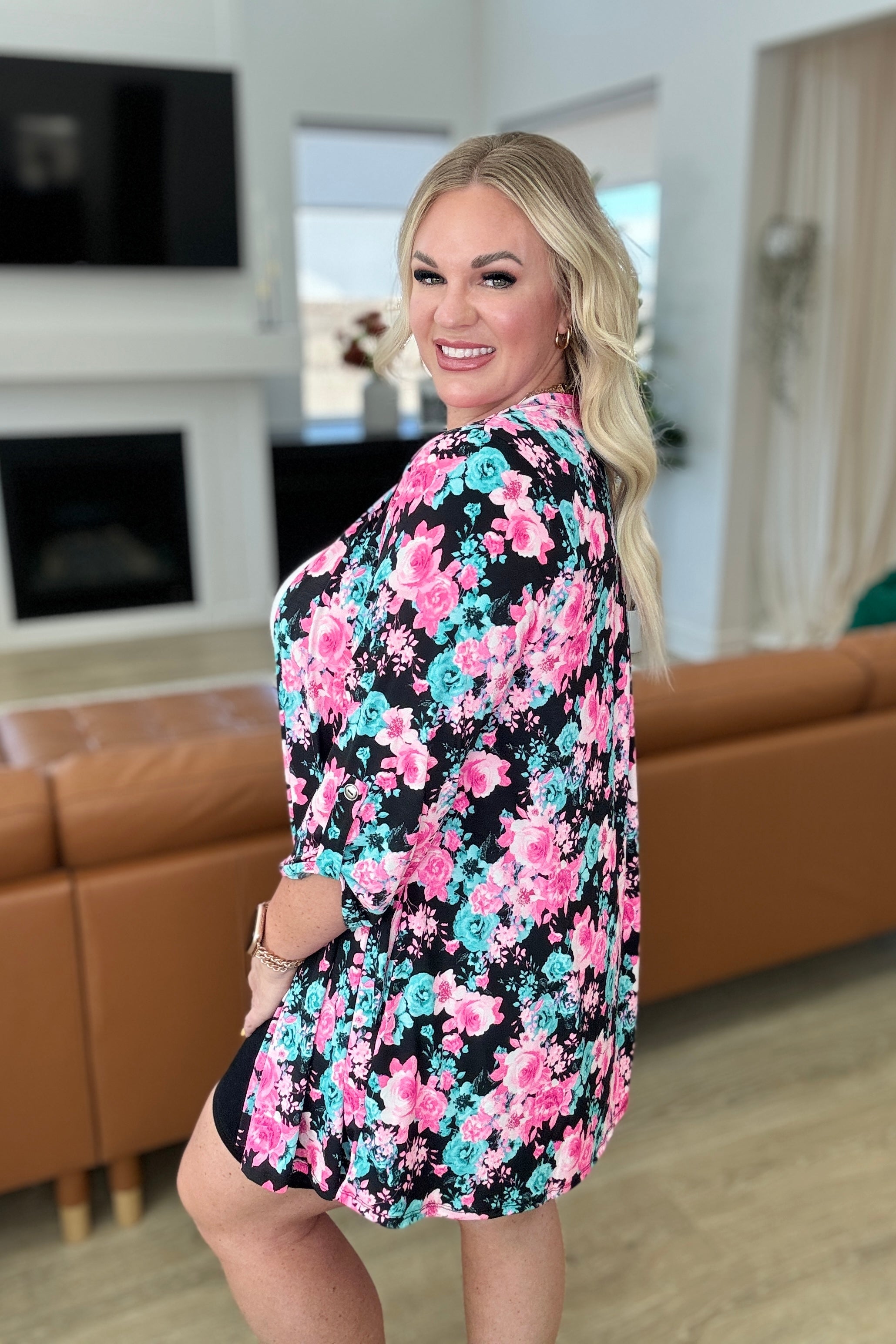Lizzy Cardigan - Black & Pink Floral Knit Sweater for Women | Cozy Fall & Winter Fashion | Perfect for Office, Dates & Casual Outings