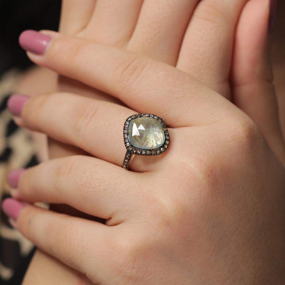 925 Sterling Silver & 14K Gold Plated Square Aquamarine & 0.37ct Brown Diamond Ring for Women - Elegant Birthstone Jewelry Gift for Anniversary, Engagement & Special Occasions