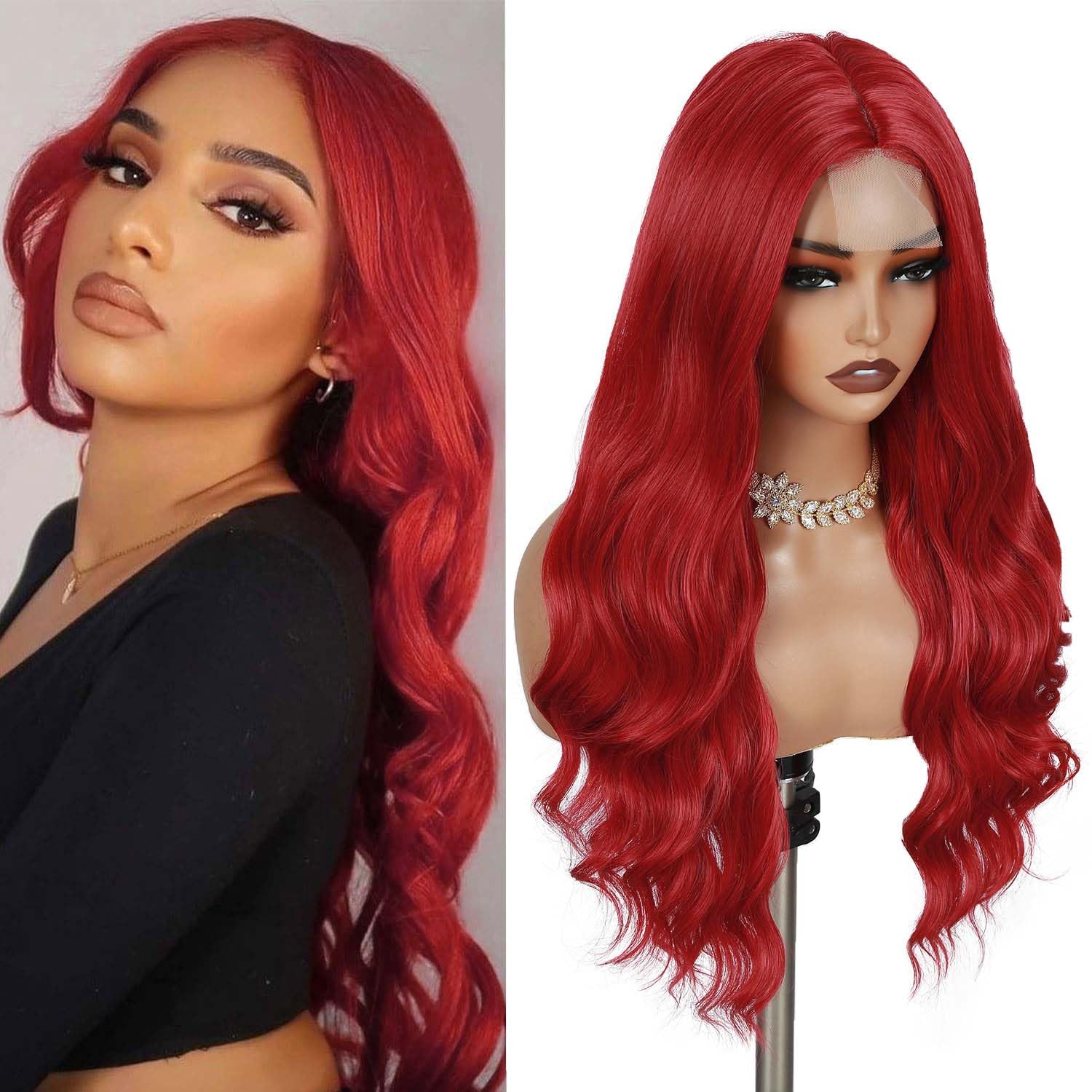 Natural Looking Long Red Wavy Wigs for Women - Heat Resistant Synthetic Curly Hair with Middle Part | Perfect for Daily Wear, Cosplay & Party (Bright Red)