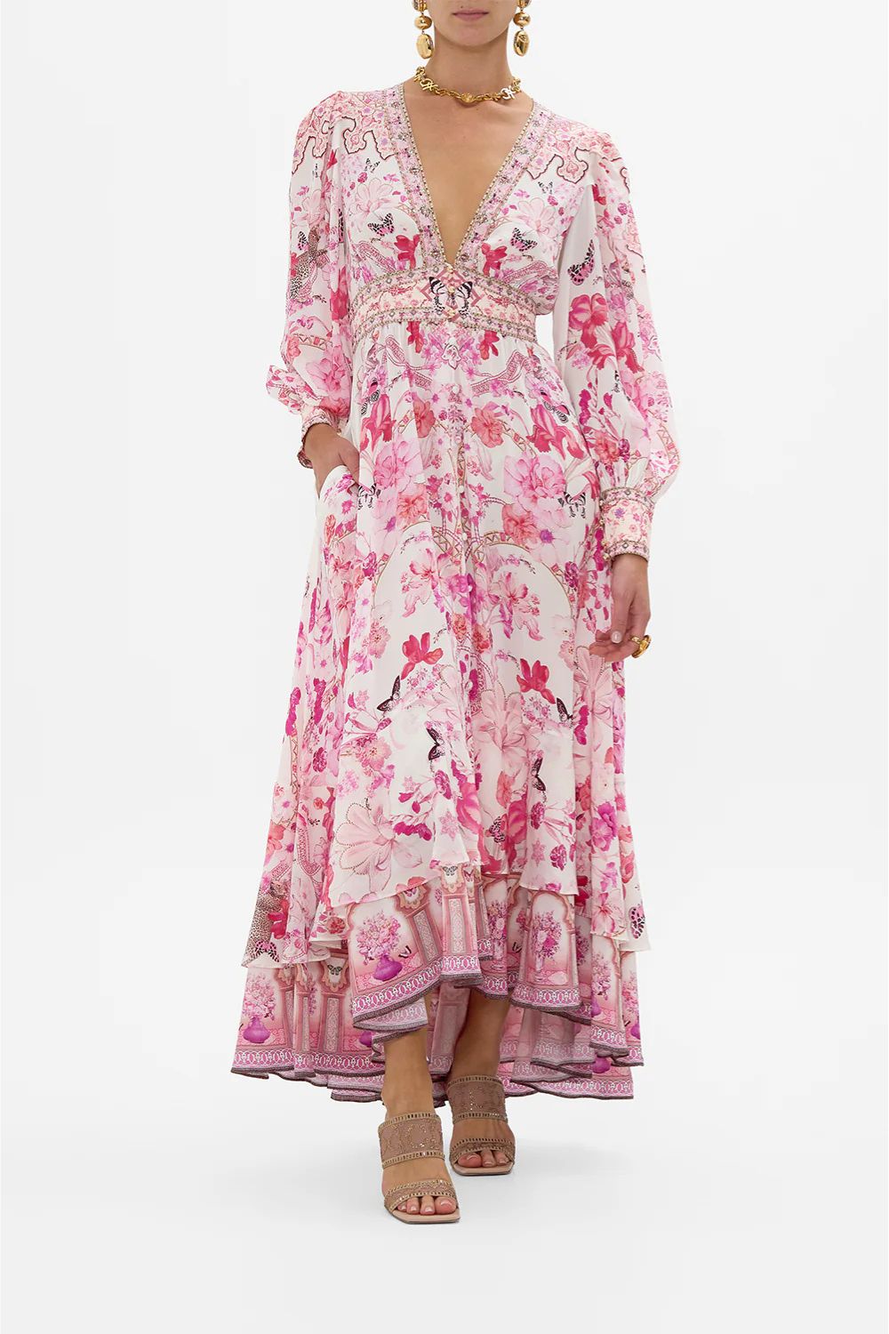 Long Button Front Floral Print Dress - Elegant Botanical Novella Design for Women | Perfect for Spring, Summer, Weddings & Special Occasions