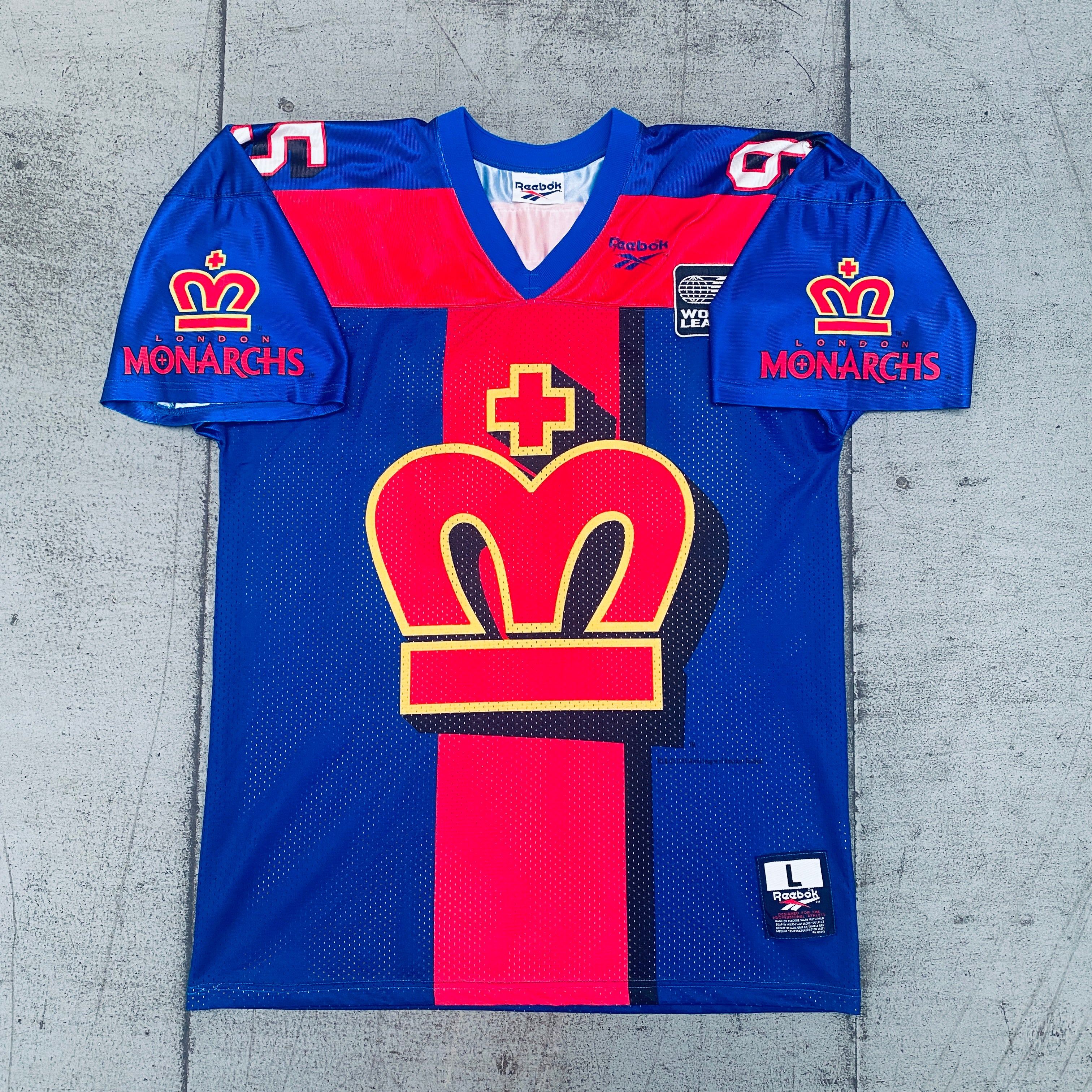 Vintage 1995 London Monarchs Reebok NFL Europe Jersey - Size Large for Men | Retro Football Fan Gear & Collectible Sports Memorabilia - Perfect for Game Day, Cosplay, and Vintage Sports Apparel Collection