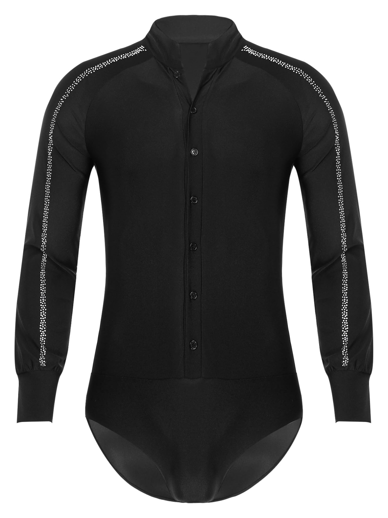 Sparkly Rhinestone Latin Dance Shirt for Men - Elegant Ballroom Shirt with Stand Collar & Button Down Leotard Design - Perfect for Salsa, Tango & Competition Performances